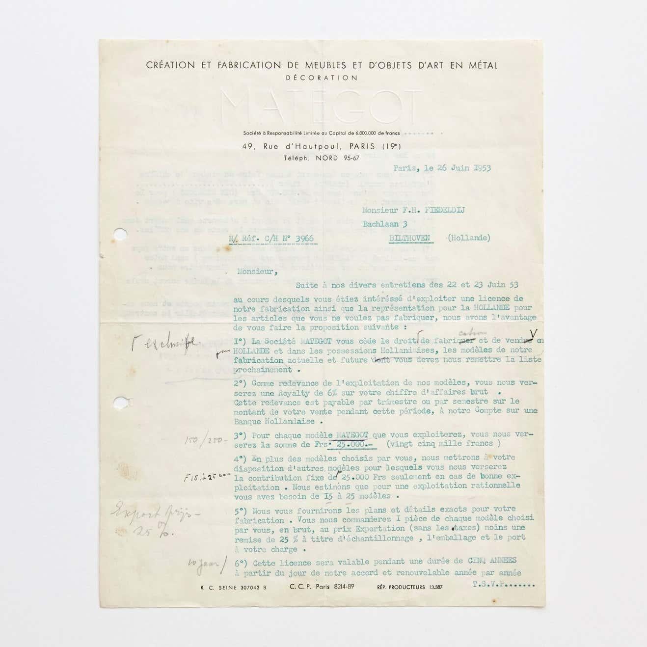 Paper Contract of Mathieu Matégot & Artimeta, 1953 For Sale