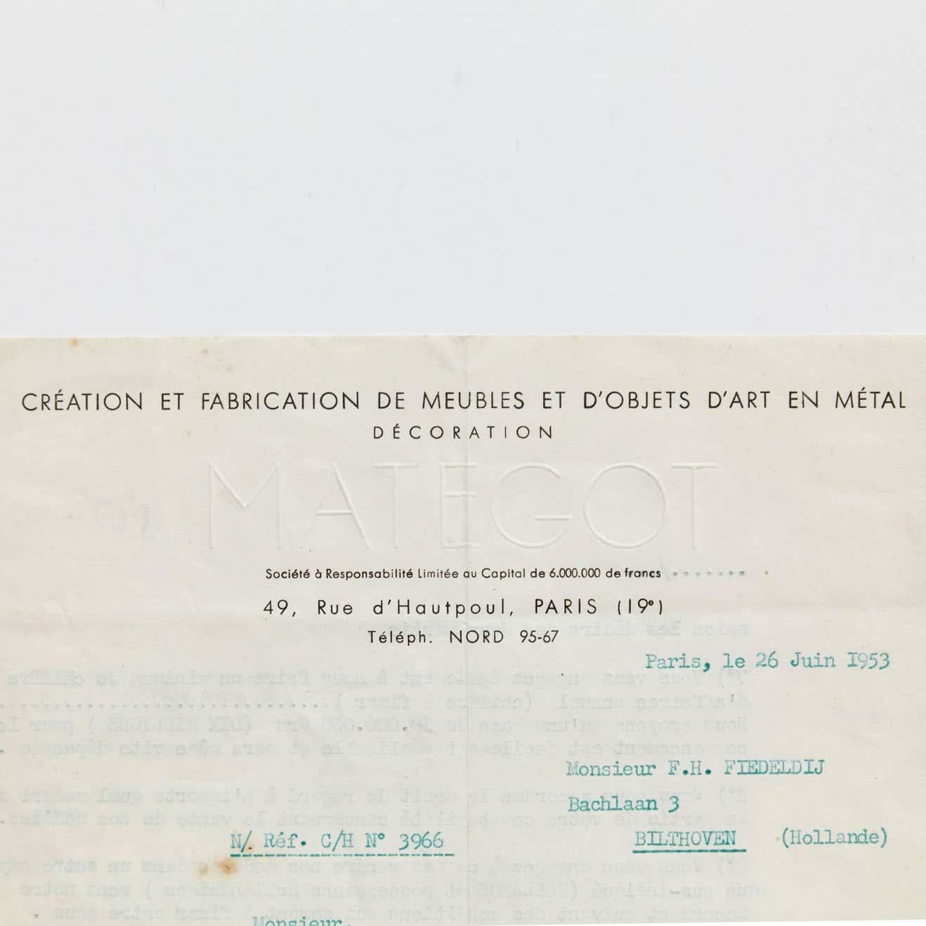 Contract of Mathieu Matégot & Artimeta, 1953 For Sale 1