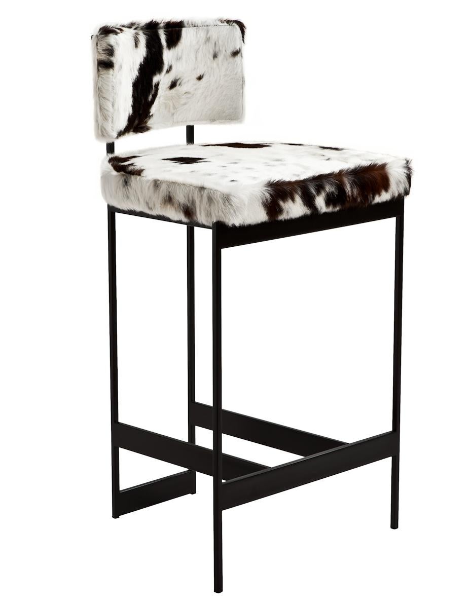 Plated Contralto Bar Stool in White Leather with Satin Black Finish by Powell & Bonnell For Sale
