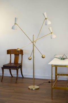 Contrappeso Terra, Brass Floor Lamp , Pivoting Three-Arm with twin Giano shades
