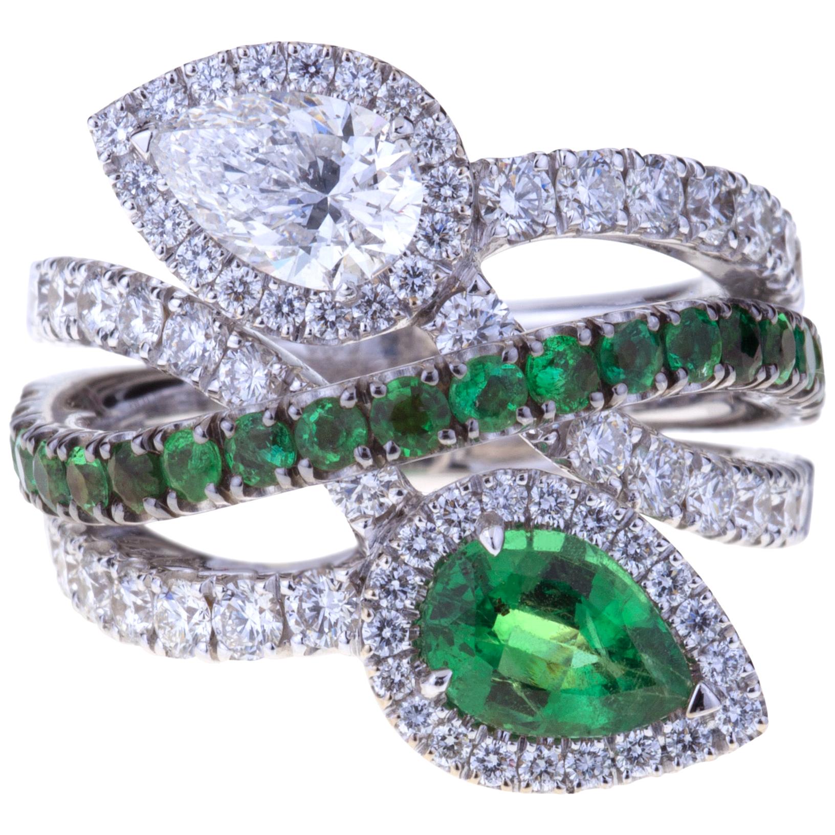 Contrarié Ring Diamond and Emerald Drop Cut For Sale