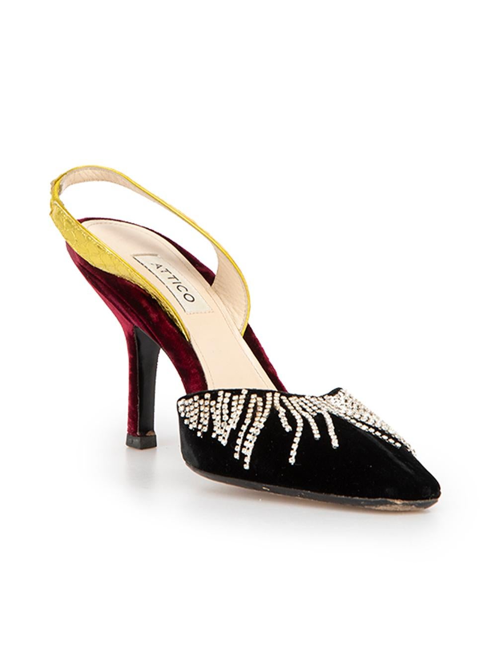 CONDITION is Very good. Minimal wear to shoes is evident. Minimal wear to the left shoe with a small chip to the sole and glue visible to the crystal embellishment on this used Attico designer resale item. 



Details


Black, burgundy and