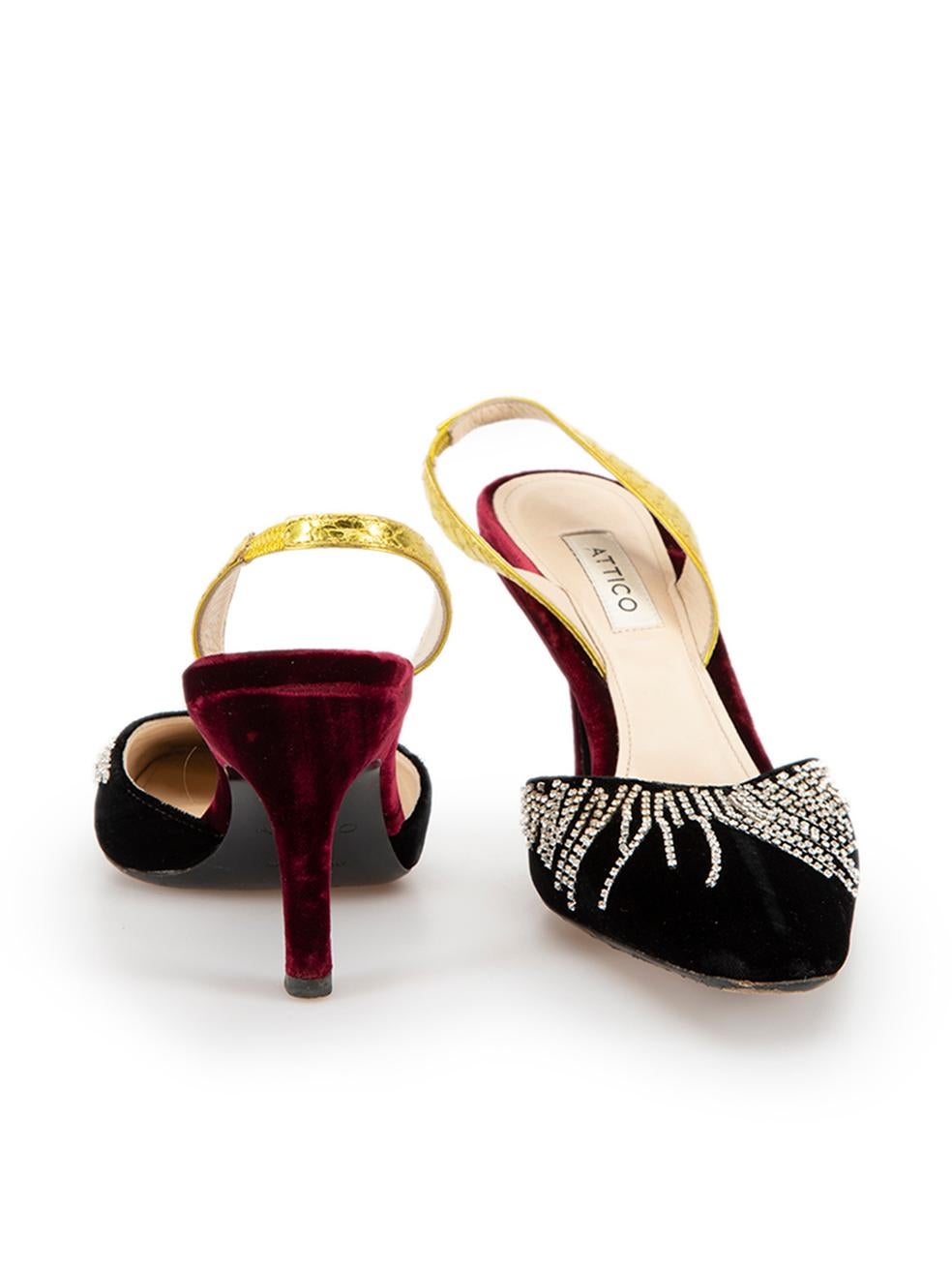 The Attico Contrast Panel Velvet Jewelled Slingback Heels Size IT 37 In Good Condition For Sale In London, GB