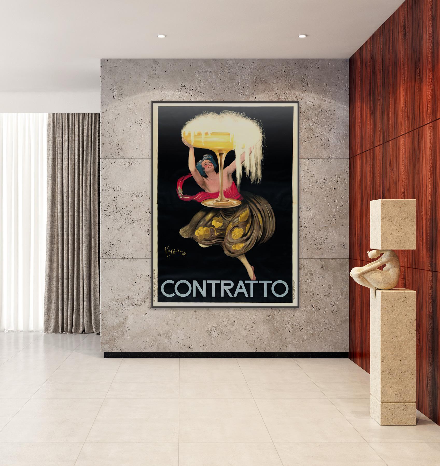 Original 1920s French vintage Contratto alcohol advertising poster featuring a wonderfully art deco design by poster artist Leonetto Cappiello. Another famous image by Cappiello - often called 'the father of modern advertising' because of his