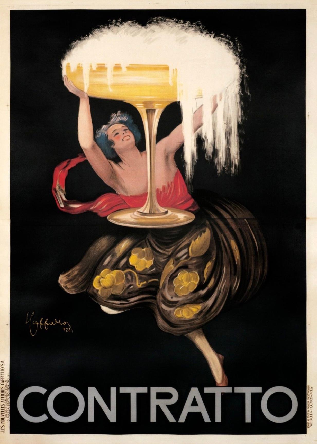 'CONTRATTO ' Origina Vintage Art Deco Advertising Poster by CAPPIELLO, 1930

Elegant, classic, and decedent are just a few words to describe Leonetto Cappiello’s work. In this image, with the stark background, we see a whimsical figure holding an
