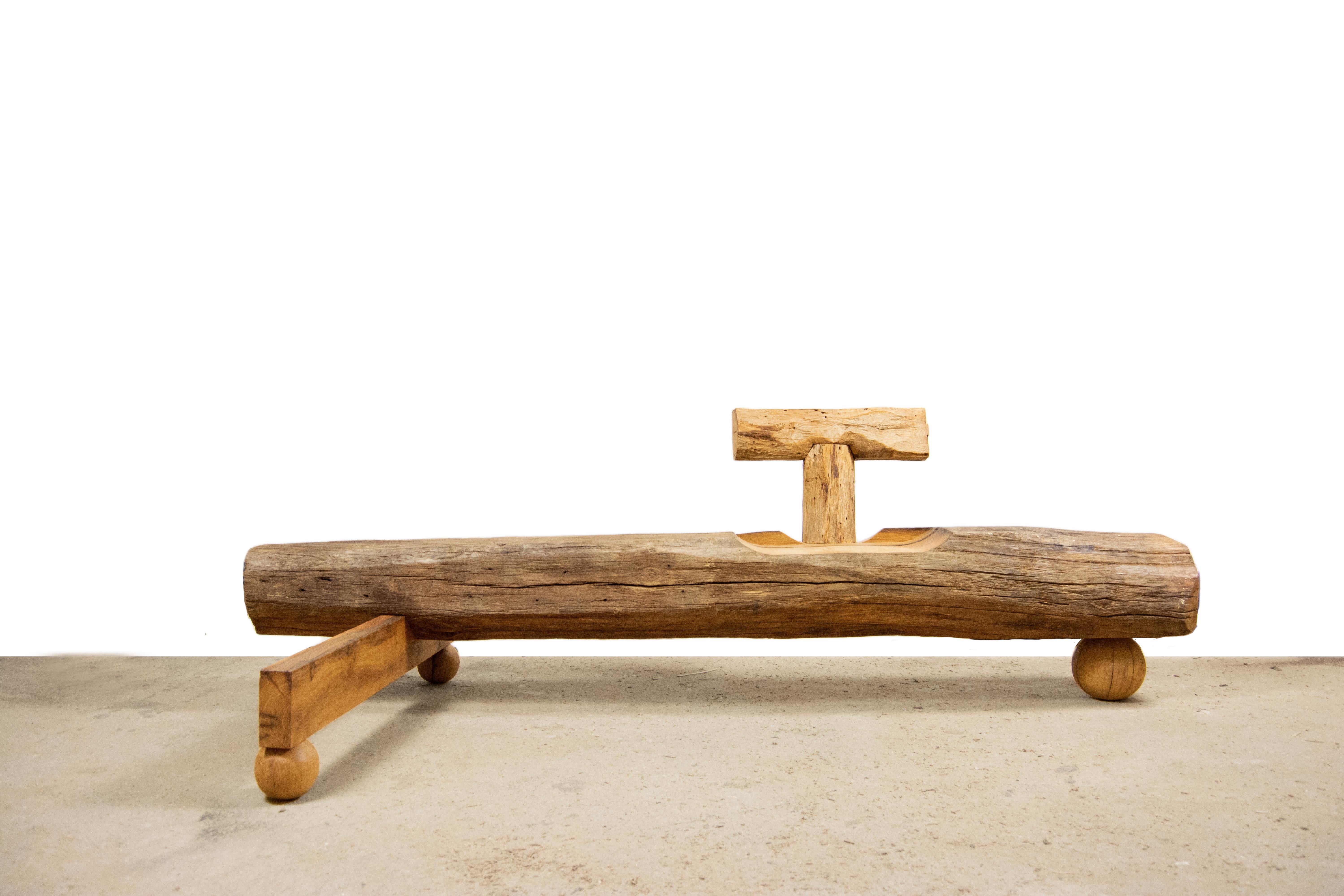 Contrepoids bench by Atelier Musset and Erik Järkil
Atelier Musset, Erik Järkil
Edition of 10
Dimensions: D 95 x W 200 x H 63 cm
Materials: Old construction oak from Ile de France, Beeswax

The size may change depending of the woods, the