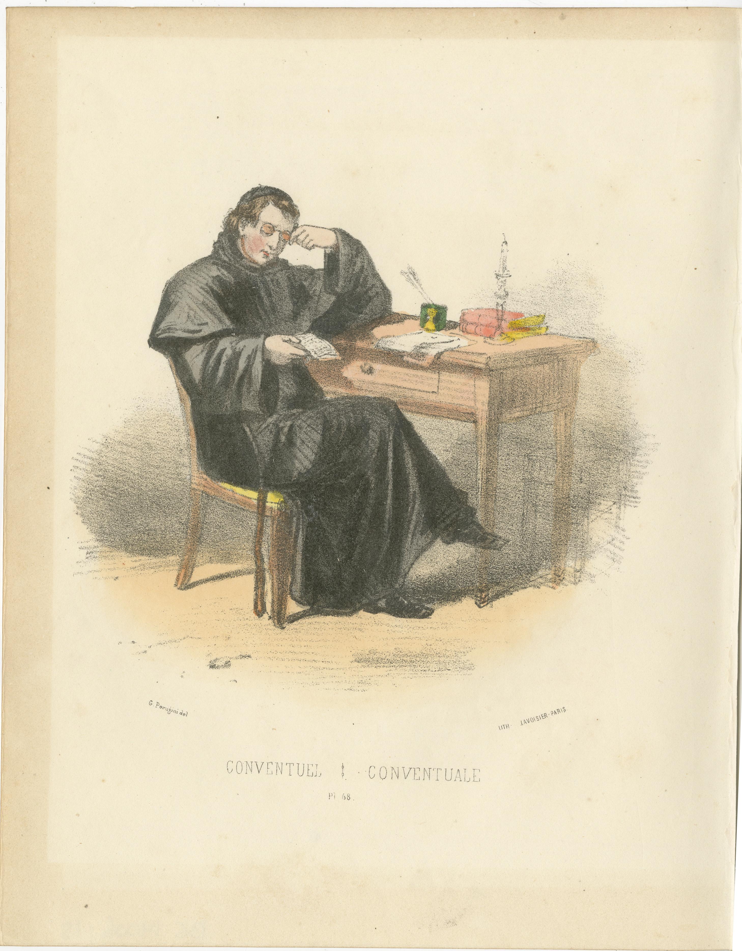Conventuel - 1862 Hand-Colored Lithograph of a Conventual Franciscan Friar  

This 1862 hand-colored lithograph illustrates a Conventuel, or Conventual Franciscan Friar, seated at a desk, deeply engrossed in reading and writing. The friar is