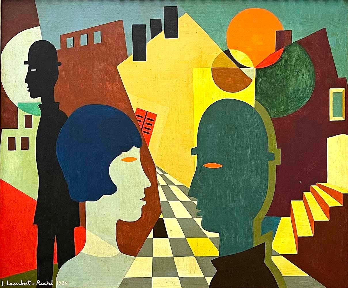 An early masterwork by Jean Lambert-Rucki, this striking oil painting from 1924 depicts two figures in profile, their conversation framed by a Cubist, highly abstracted streetscape.  Like many of his paintings, the artist loved to show the interplay