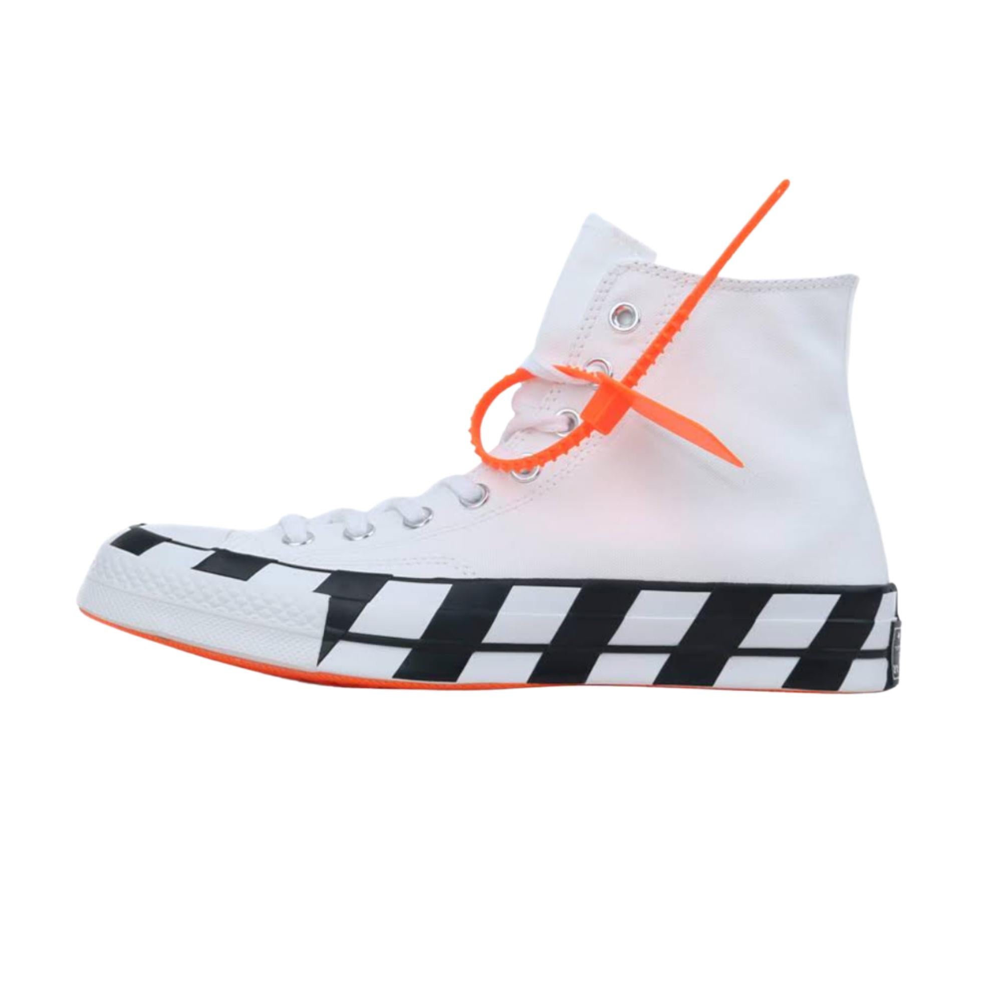 White Chuck 70 off white high top sneakers from Converse featuring a round toe, a flat rubber sole and a lace-up front fastening. This Off-White x Converse shoe is one of Abloh’s most memorable sneaker designs.

COLOR: White
MATERIAL: Canvas
ITEM