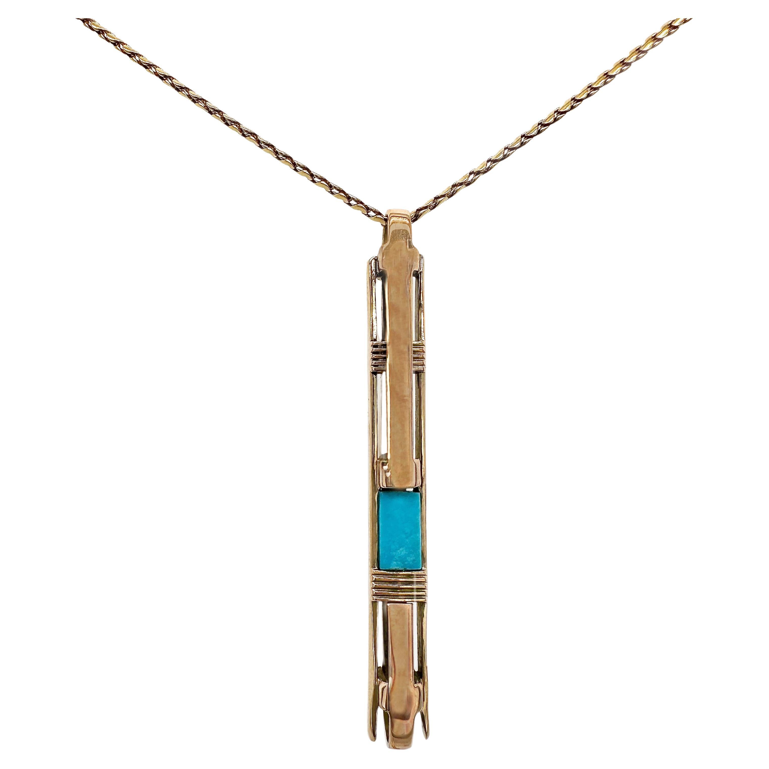 Konvertierte 1930er Bar Pin Anhänger mit Dornröschen Türkis auf 30" Kette im Angebot