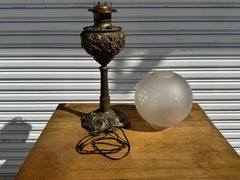 Converted 19th C. Ornate Brass Oil Lantern Table Lamp w/ Etched Globe Shade