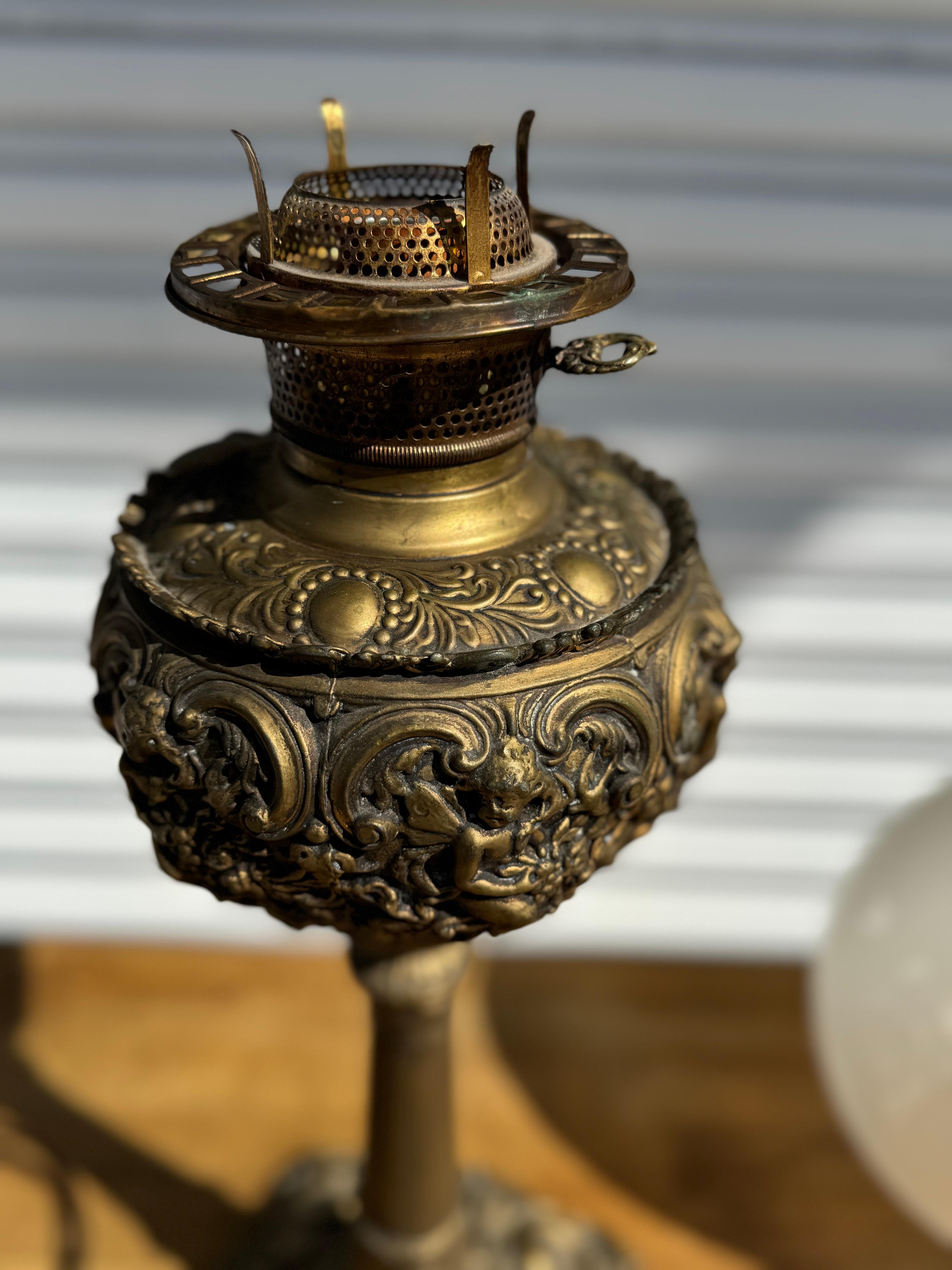 Late Victorian Converted 19th C. Ornate Brass Oil Lantern Table Lamp w/ Etched Globe Shade For Sale