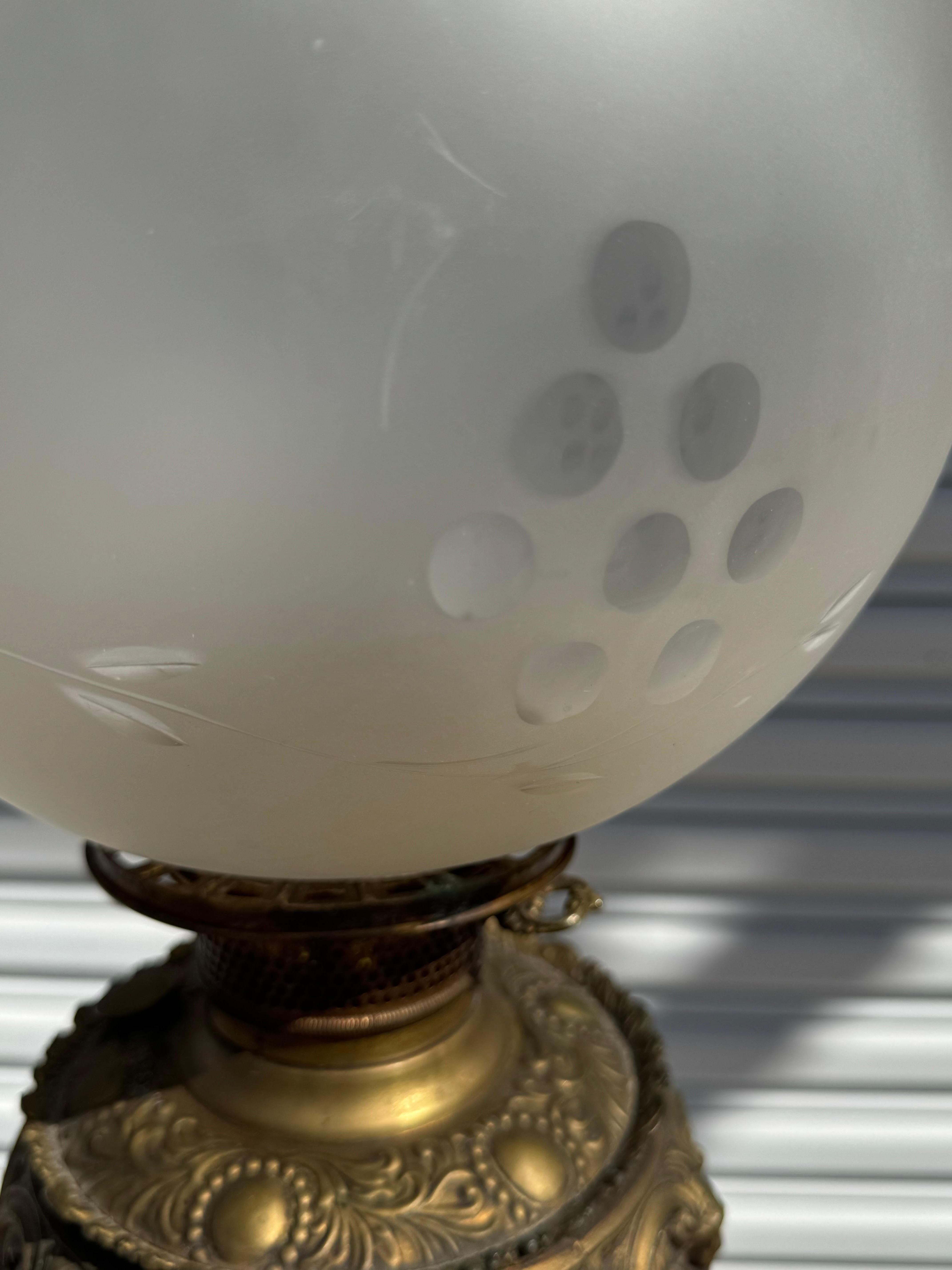 American Converted 19th C. Ornate Brass Oil Lantern Table Lamp w/ Etched Globe Shade For Sale