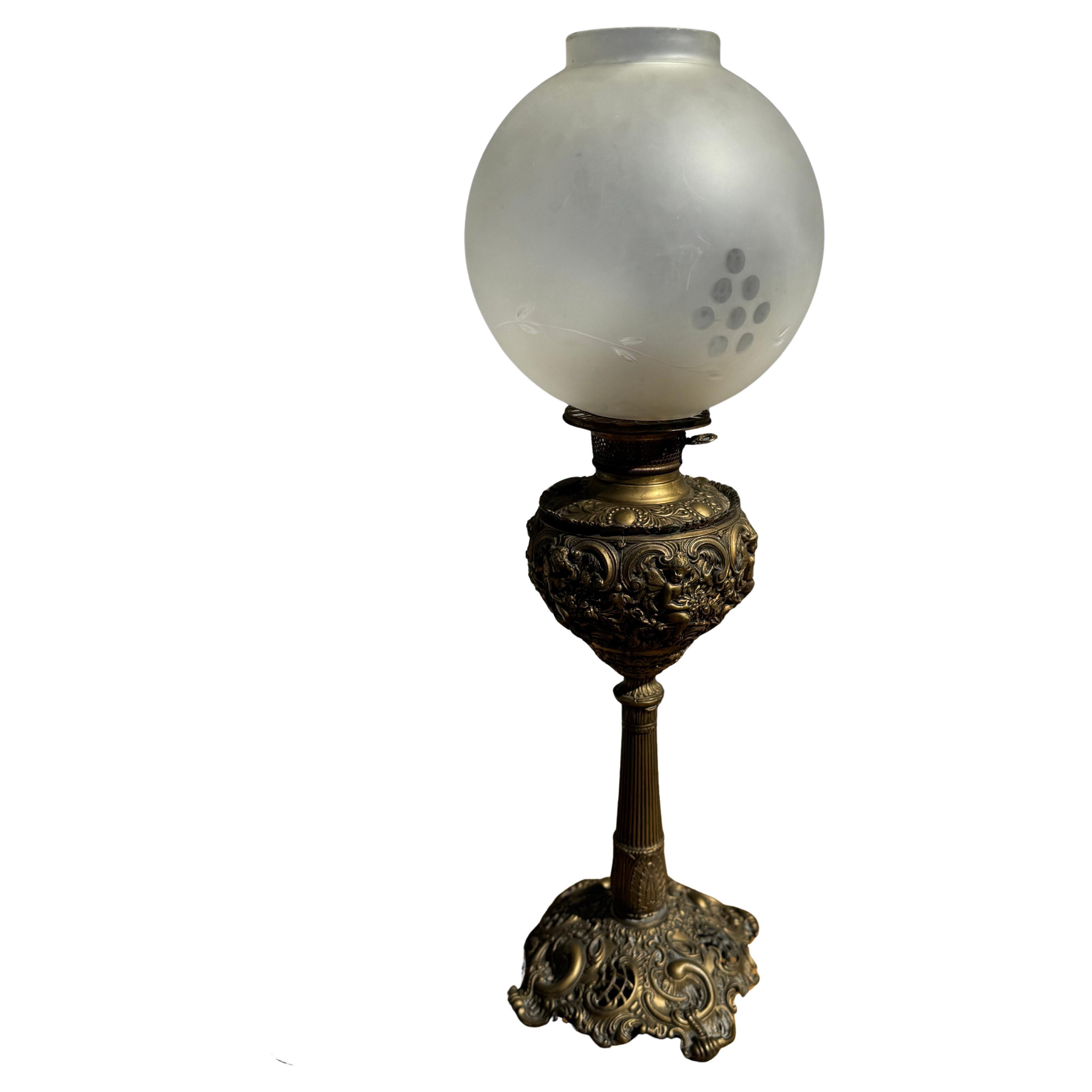 Converted 19th C. Ornate Brass Oil Lantern Table Lamp w/ Etched Globe Shade For Sale