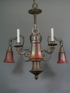 Converted 19th Century Gas Chandelier with Art Glass Shades