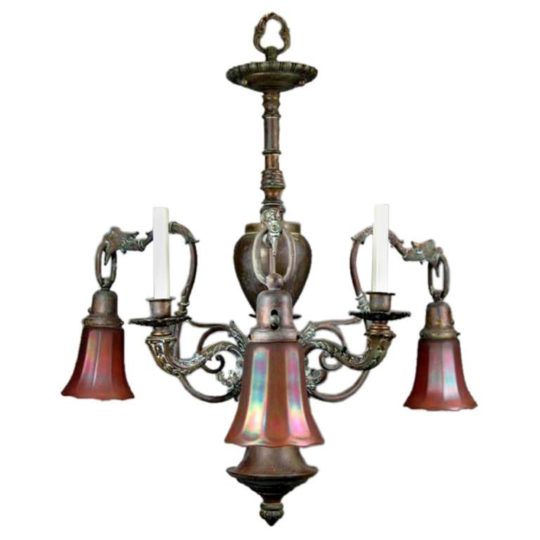 Converted 19th Century Gas Chandelier with Art Glass Shades For Sale