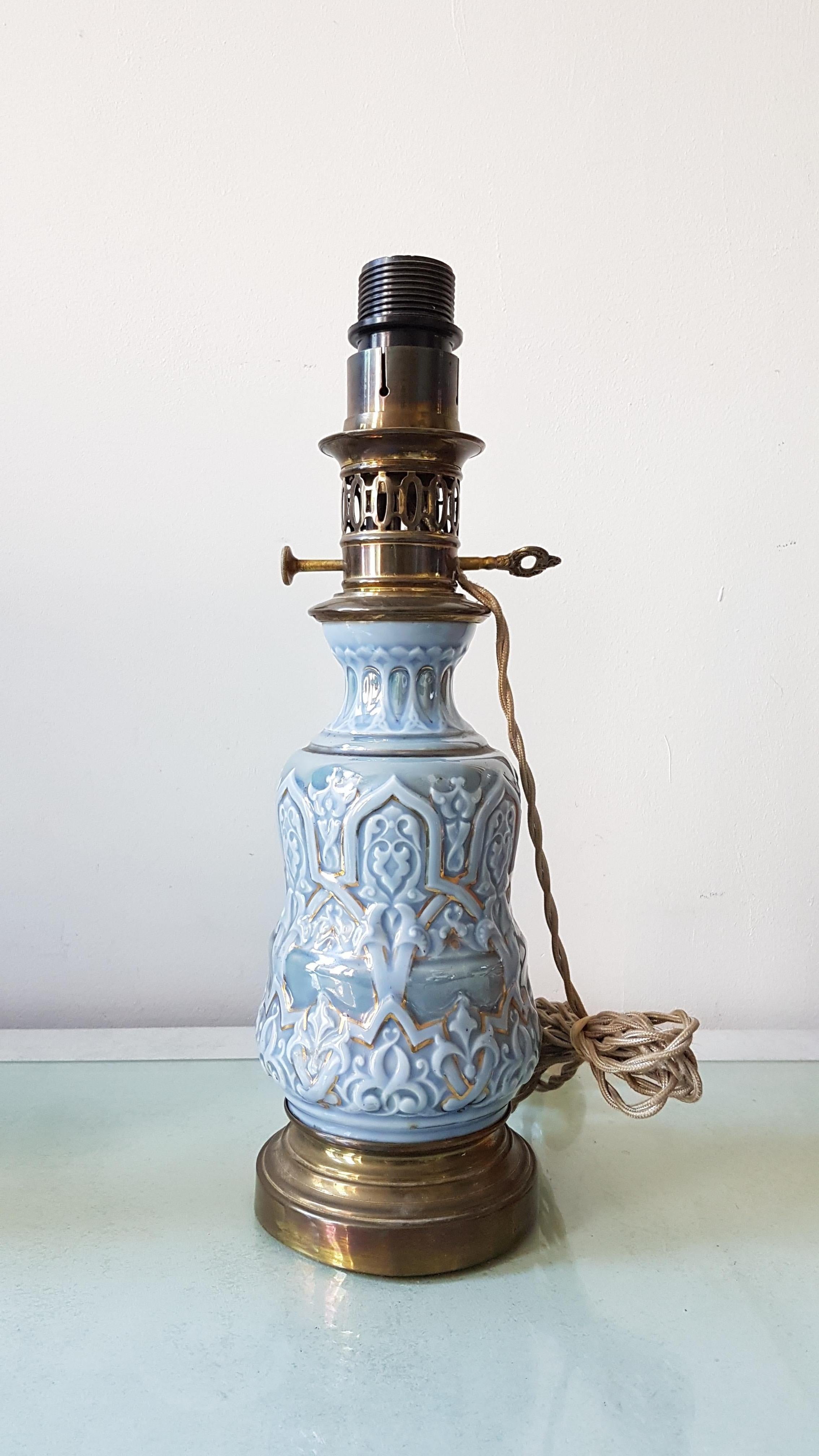 Dutch Converted Antique Ceramic Oil Table Lamp in Blue, Turquoise and Gold For Sale