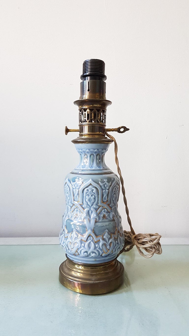 Converted Antique Ceramic Oil Table Lamp in Blue, Turquoise and Gold ...