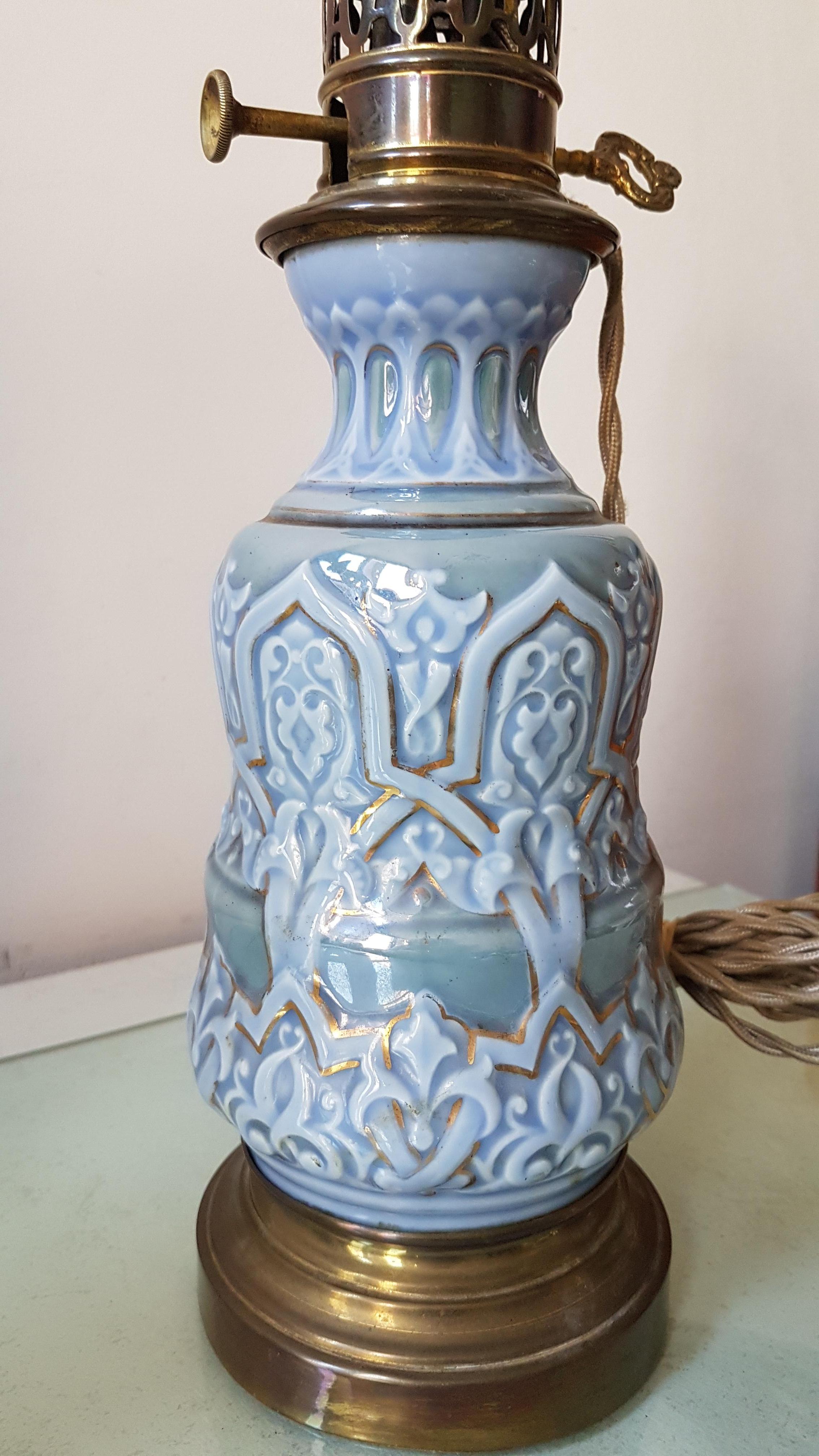 19th Century Converted Antique Ceramic Oil Table Lamp in Blue, Turquoise and Gold For Sale