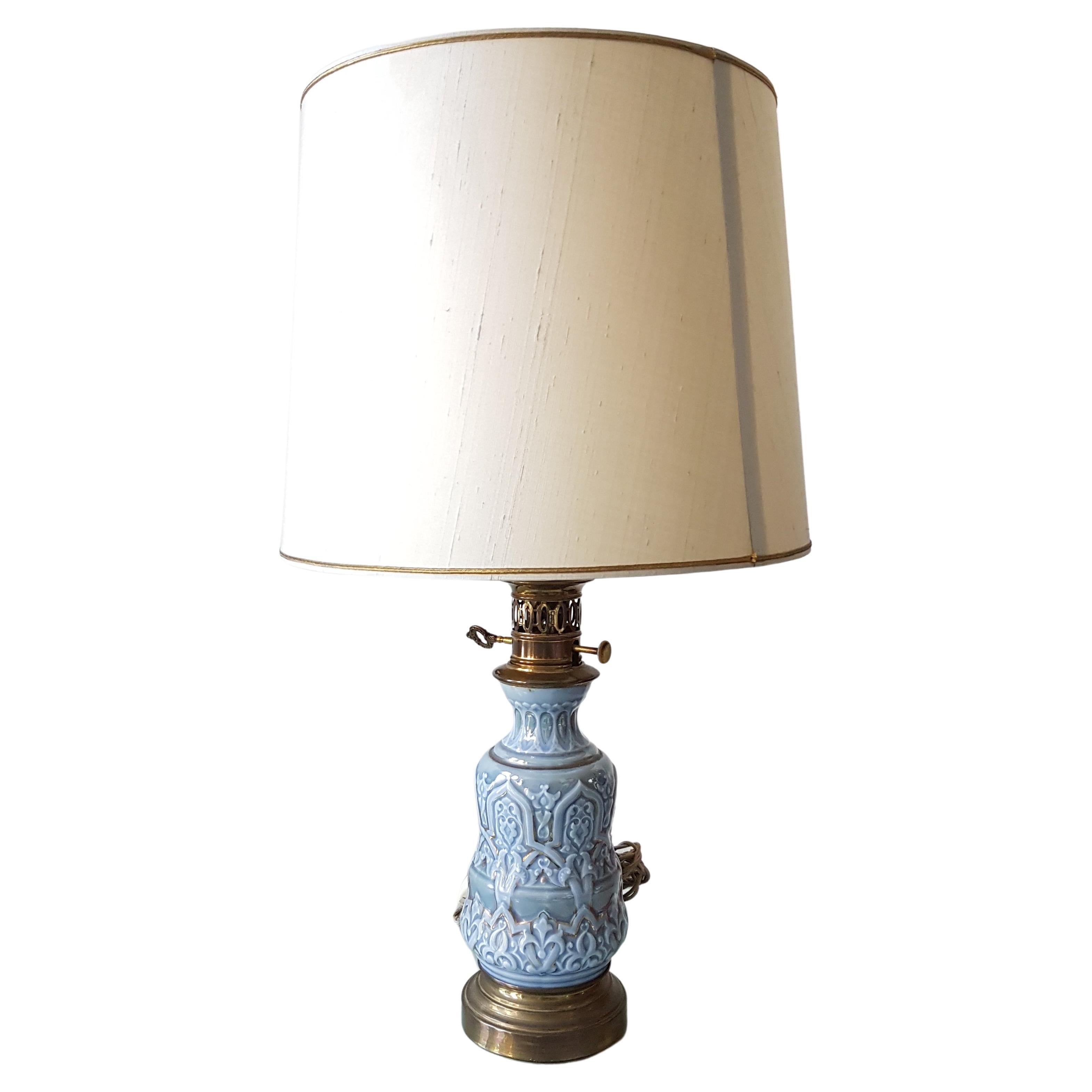 Converted Antique Ceramic Oil Table Lamp in Blue, Turquoise and Gold For Sale