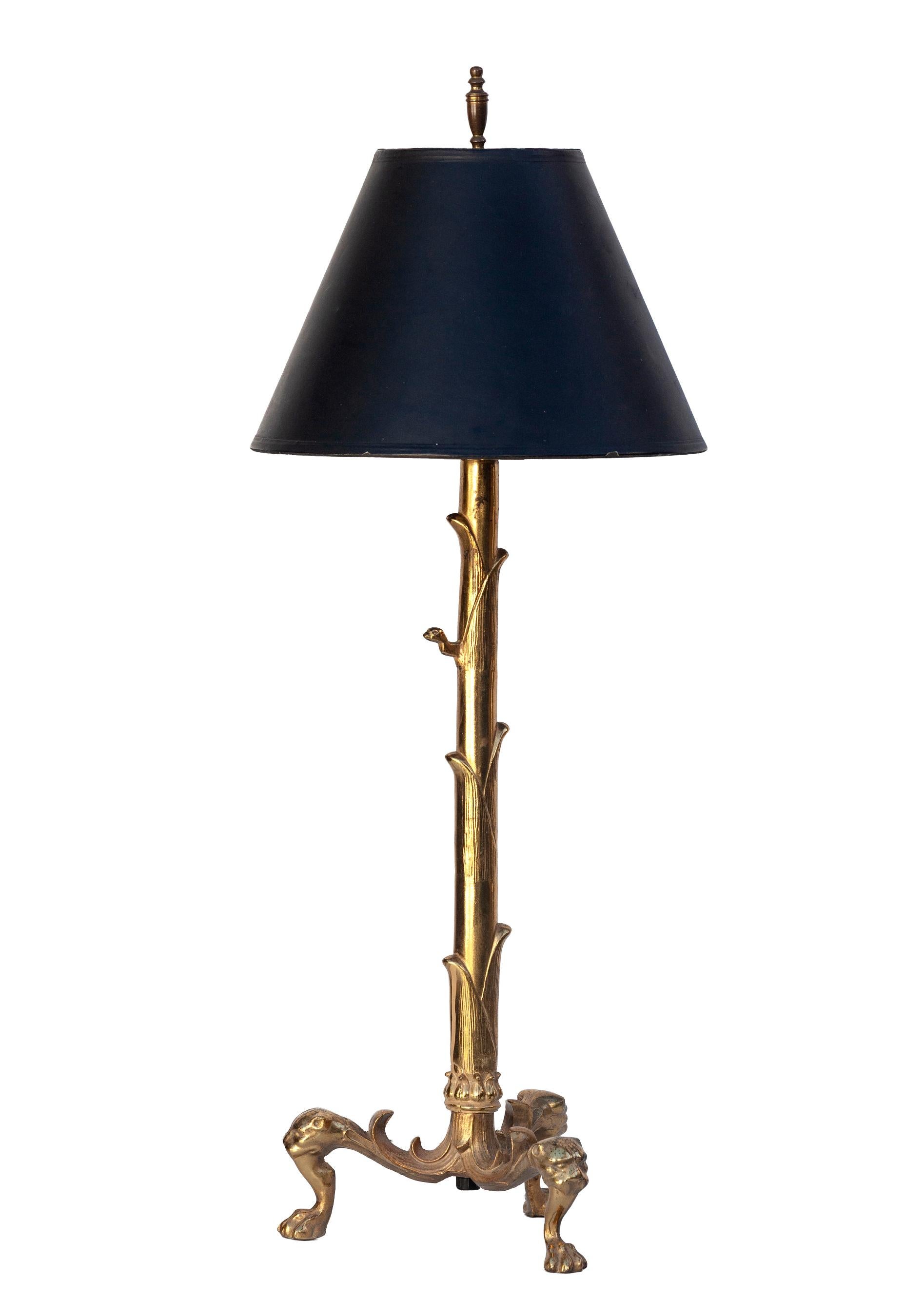 Slender brass custom made lamp using an antique French brass/bronze andiron.
Shade top 4