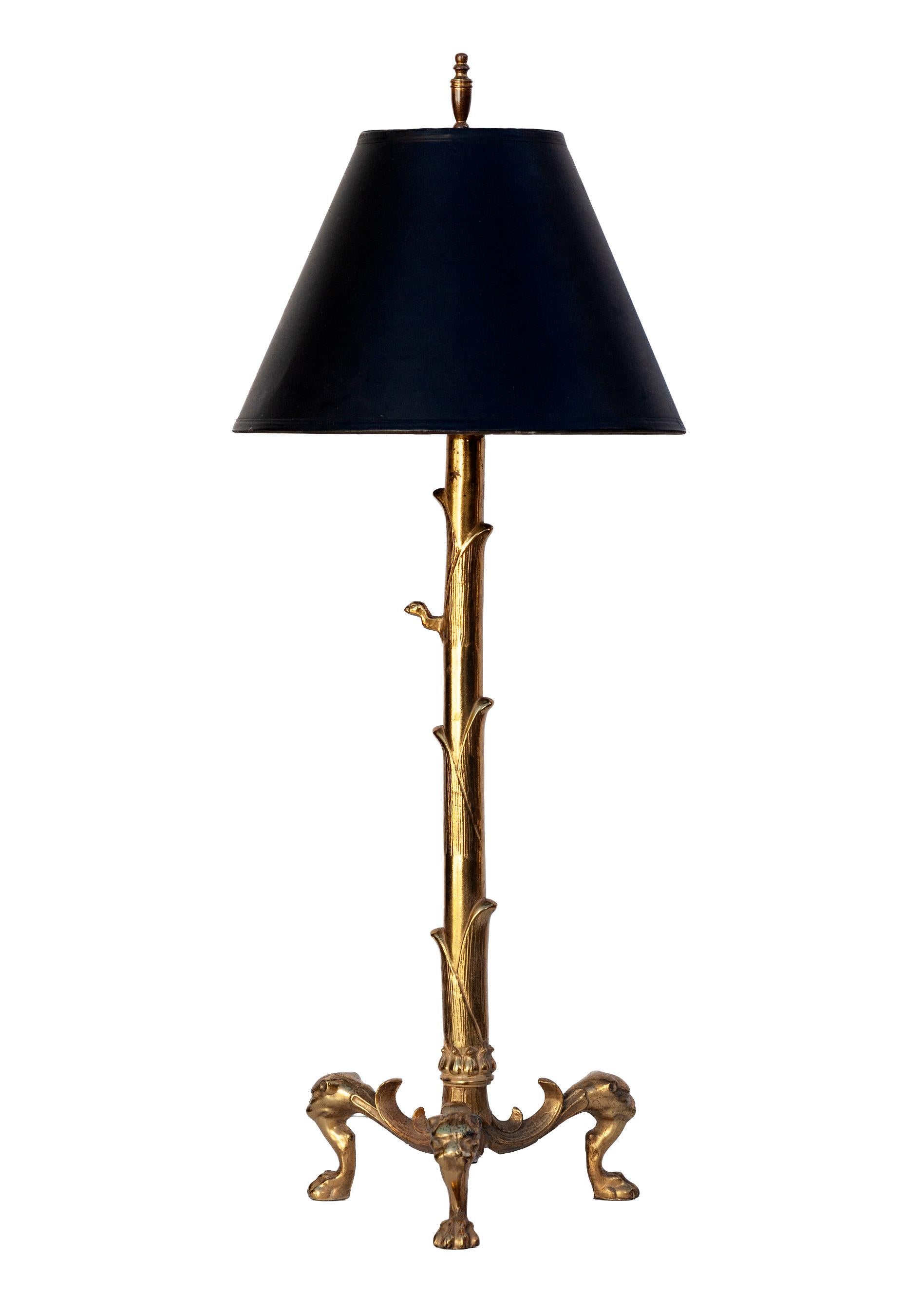 Converted Brass Andiron Candlestick Lamp on Tripod Base (Empire Revival) im Angebot