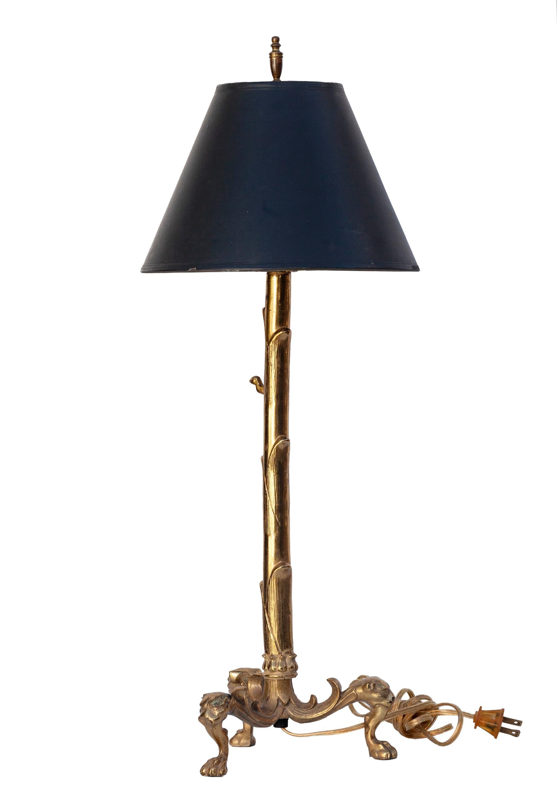 Converted Brass Andiron Candlestick Lamp on Tripod Base (Französisch) im Angebot