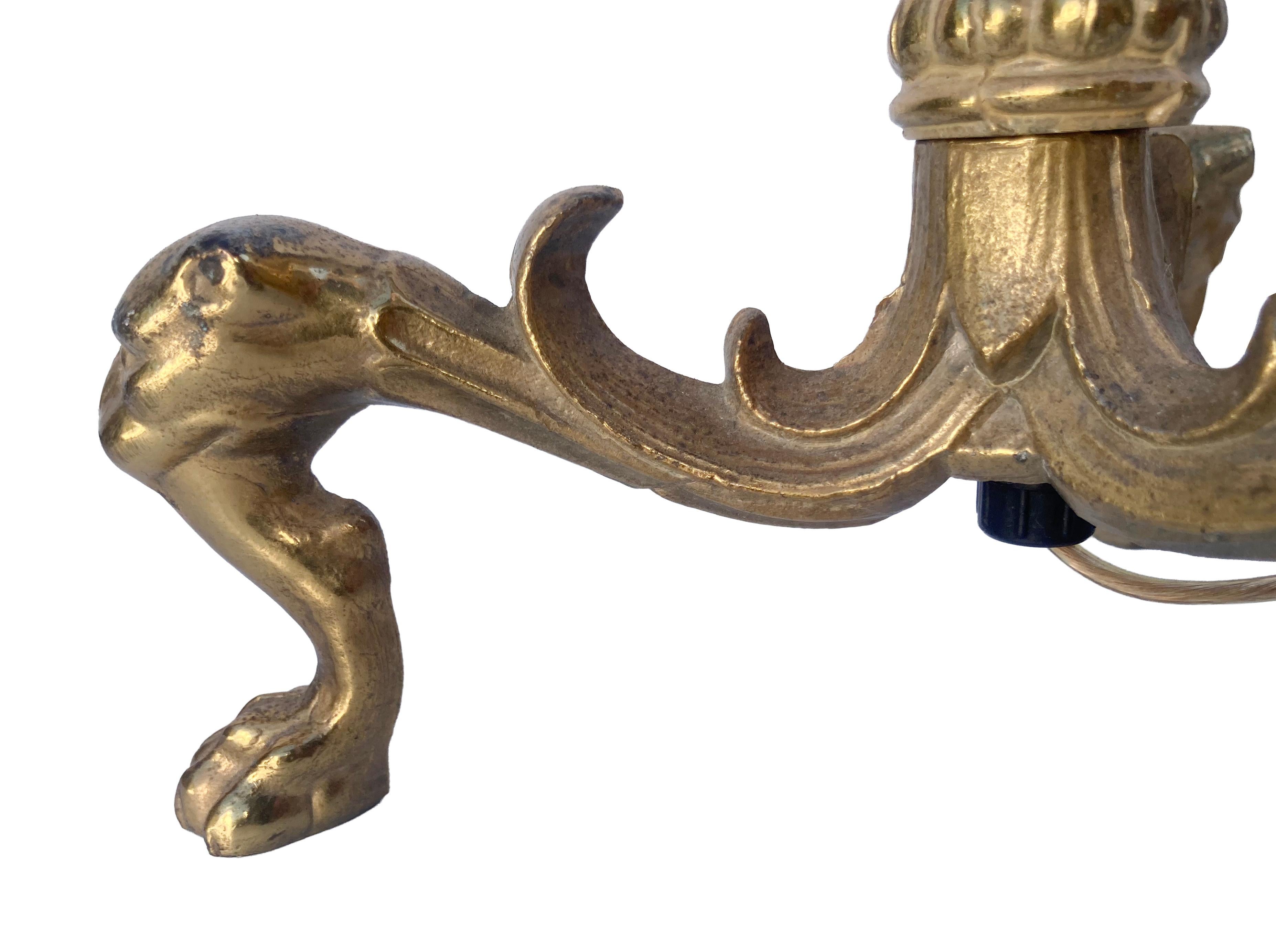 Converted Brass Andiron Candlestick Lamp on Tripod Base im Angebot 1