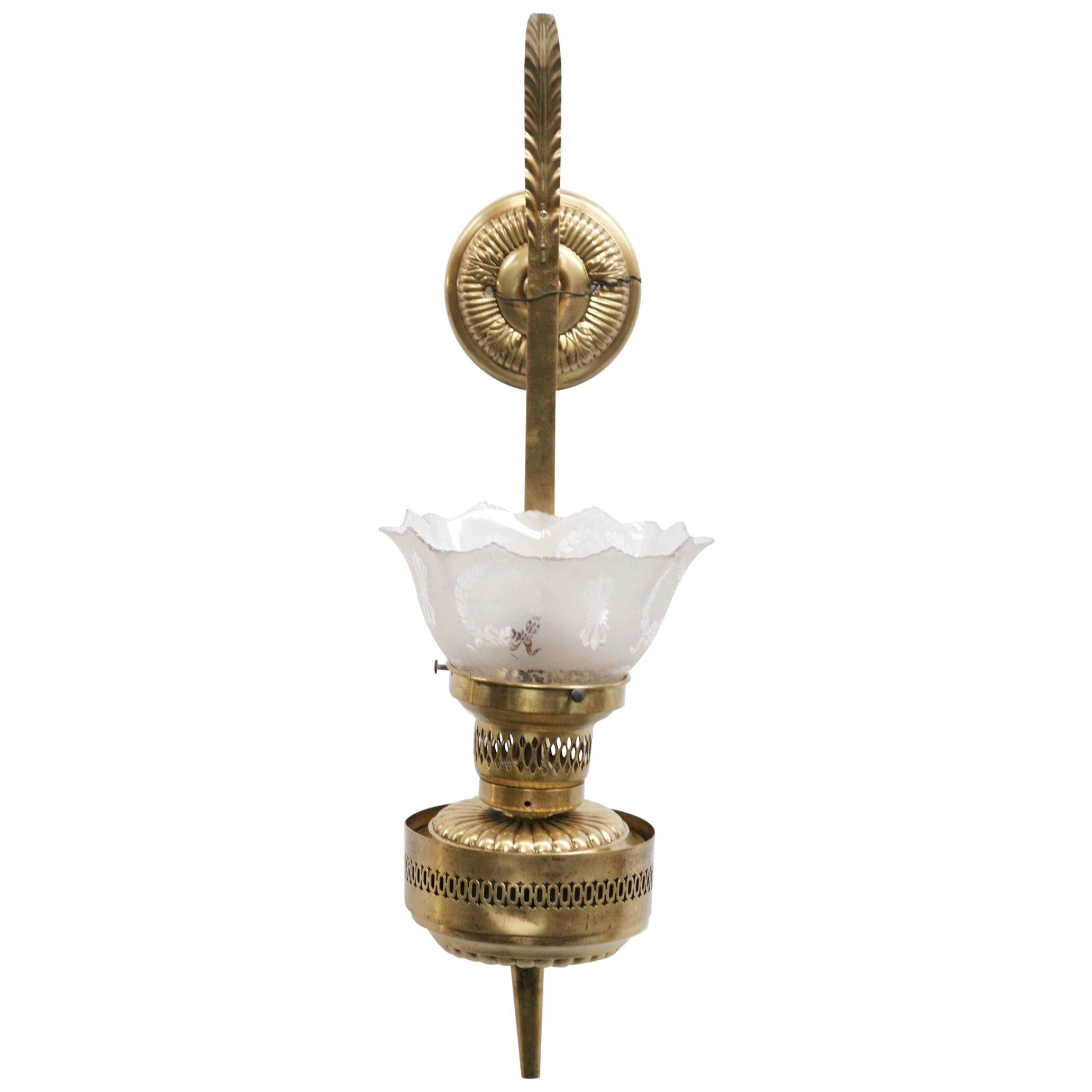 Converted Brass Oil Lamp Wall Sconce For Sale