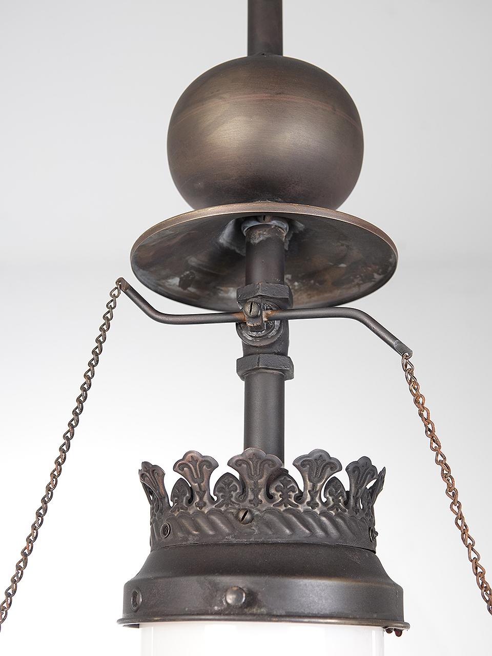 Industrial Converted Gas Lamp With Large Trumpet Milk Glass Shade