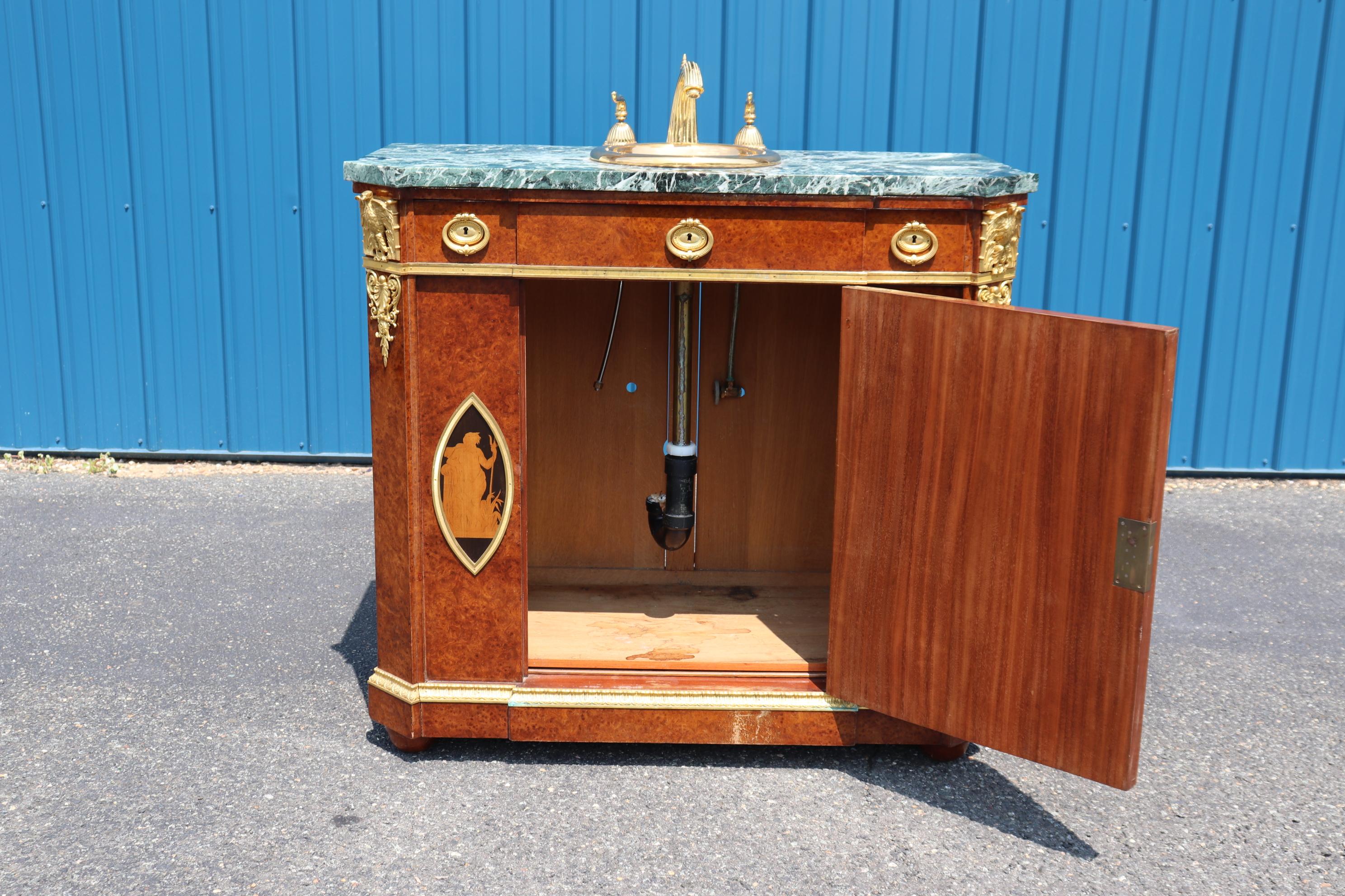 Converted Maison Krieger Attributed Marble Top Gilt Dor'e Bronze Sink Vanity In Good Condition For Sale In Swedesboro, NJ