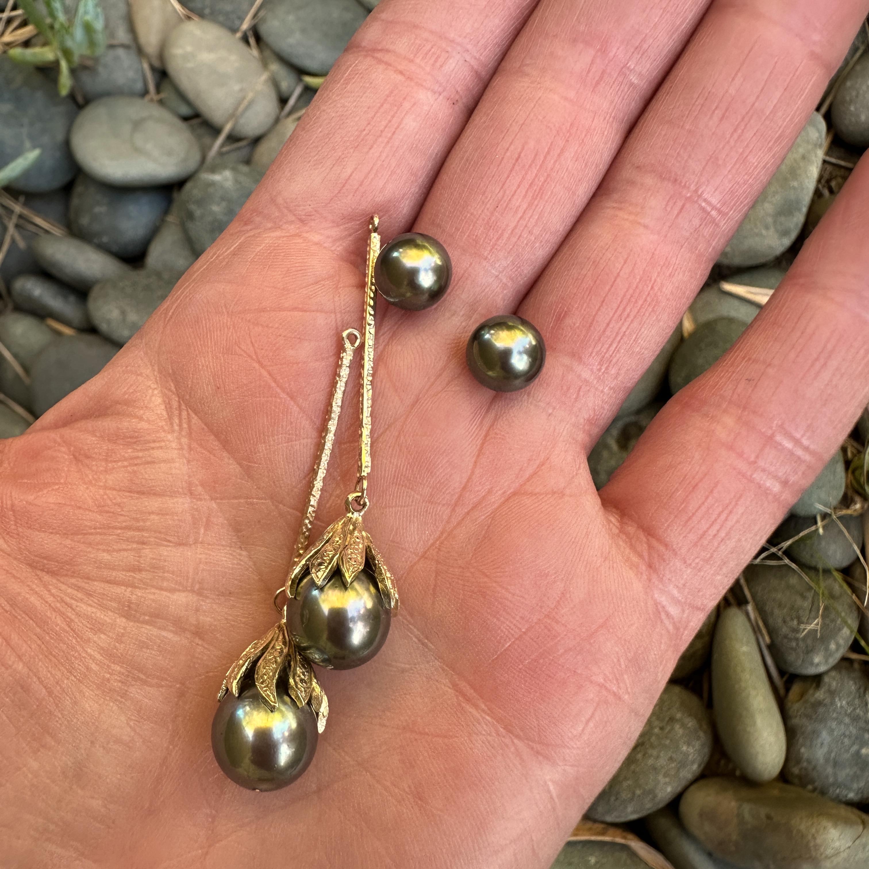 Boucles d'oreilles convertibles en or jaune avec perles de Tahiti de 11mm et 8.5mm en vente 6