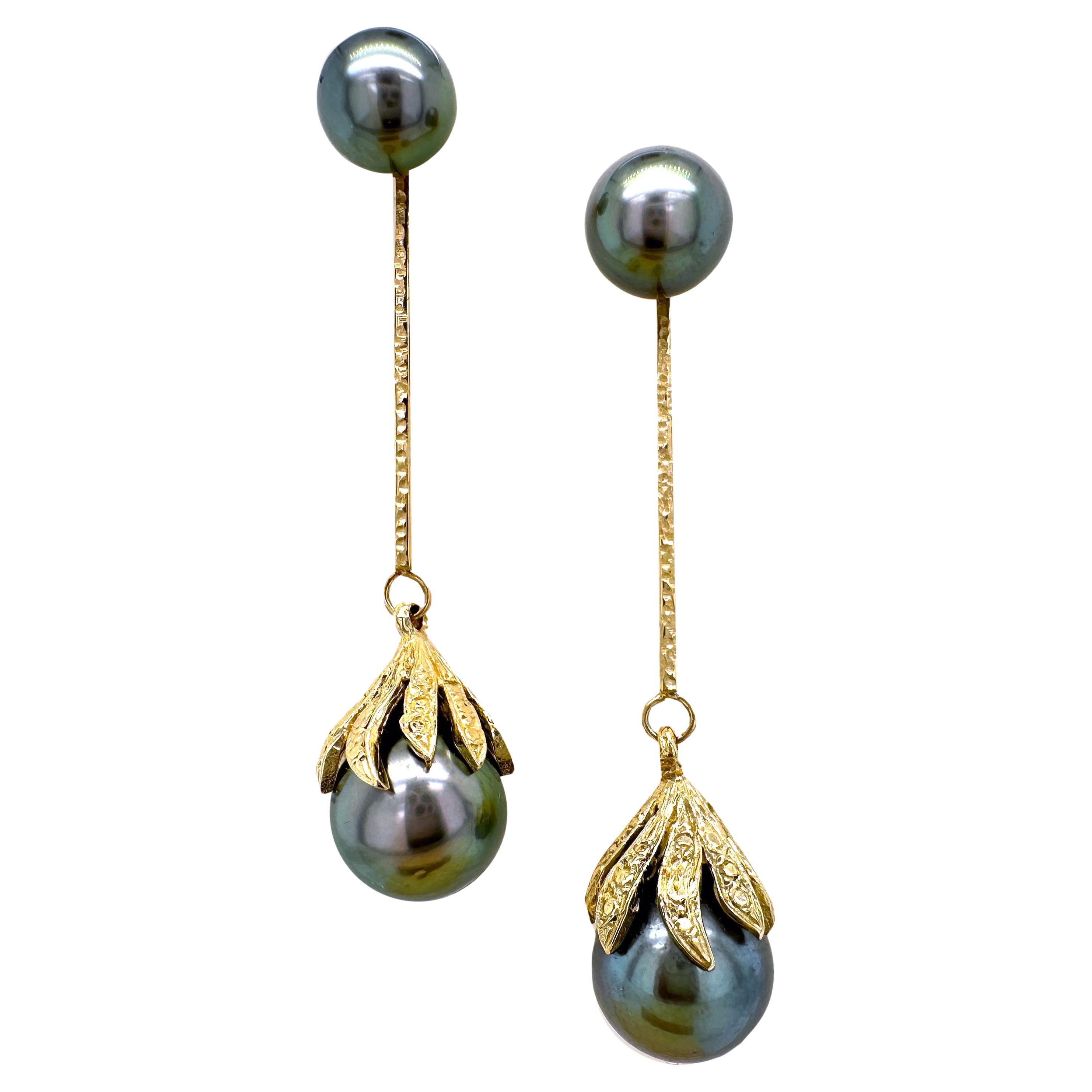 Boucles d'oreilles convertibles en or jaune avec perles de Tahiti de 11mm et 8.5mm en vente