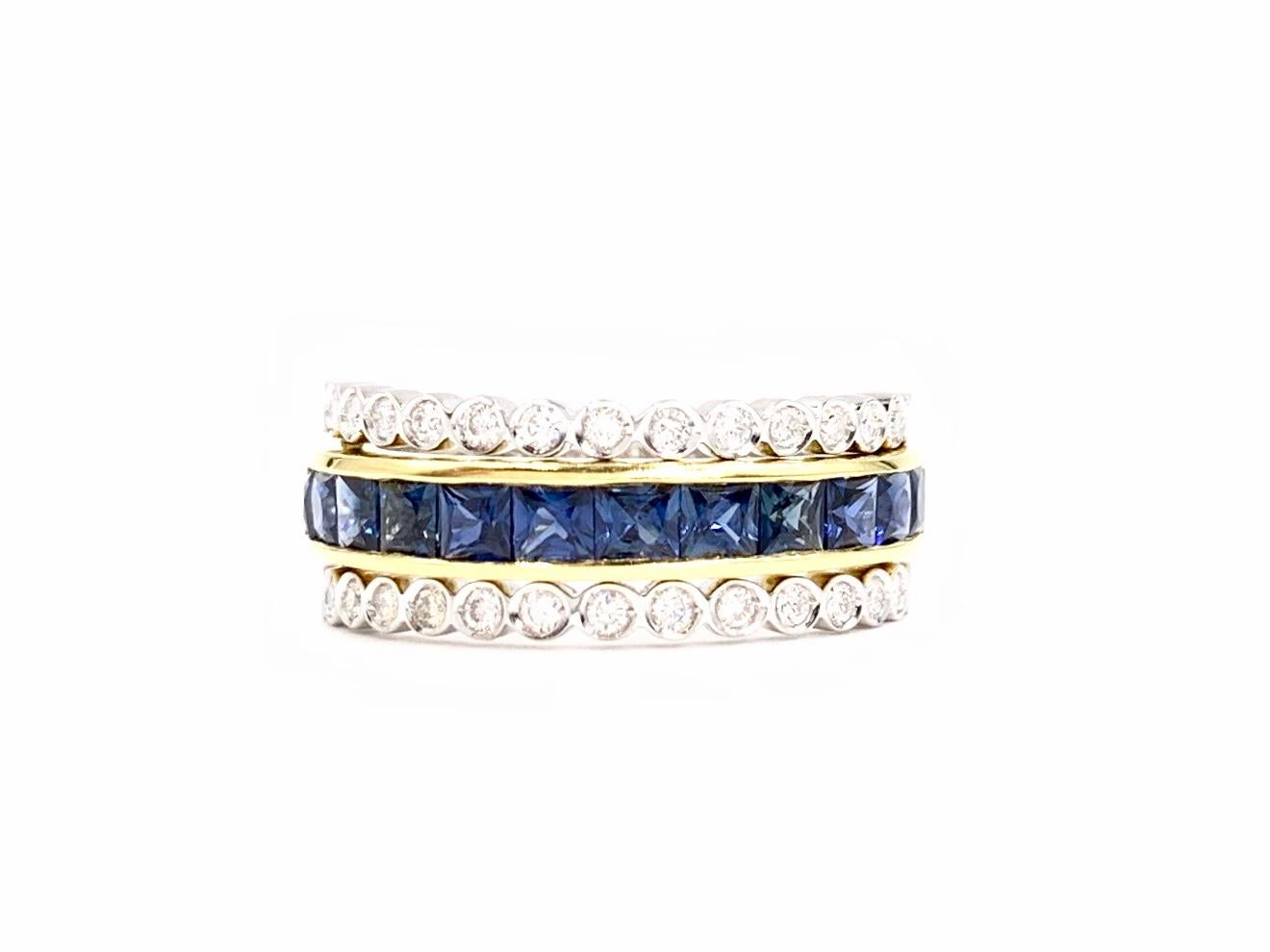 Many looks in one unique and stylish ring! Made in 18 karat yellow and white gold, this versatile ring can be worn a multitude of ways: channel-set princess-cut sapphires or a double row of pave-set diamonds with or without a row of bezel-set