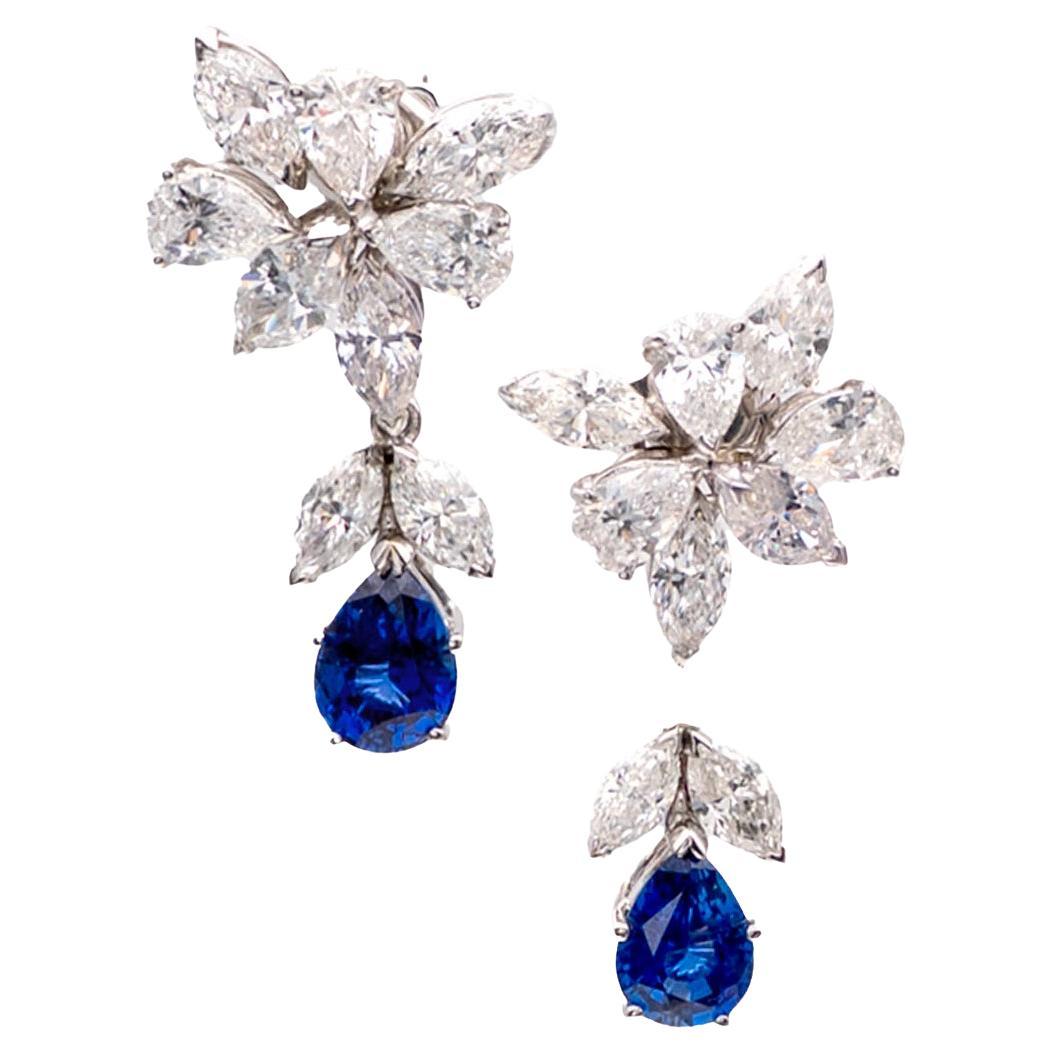 Convertible 18K White Gold and Diamond Earrings with Detachable Sapphire Drops