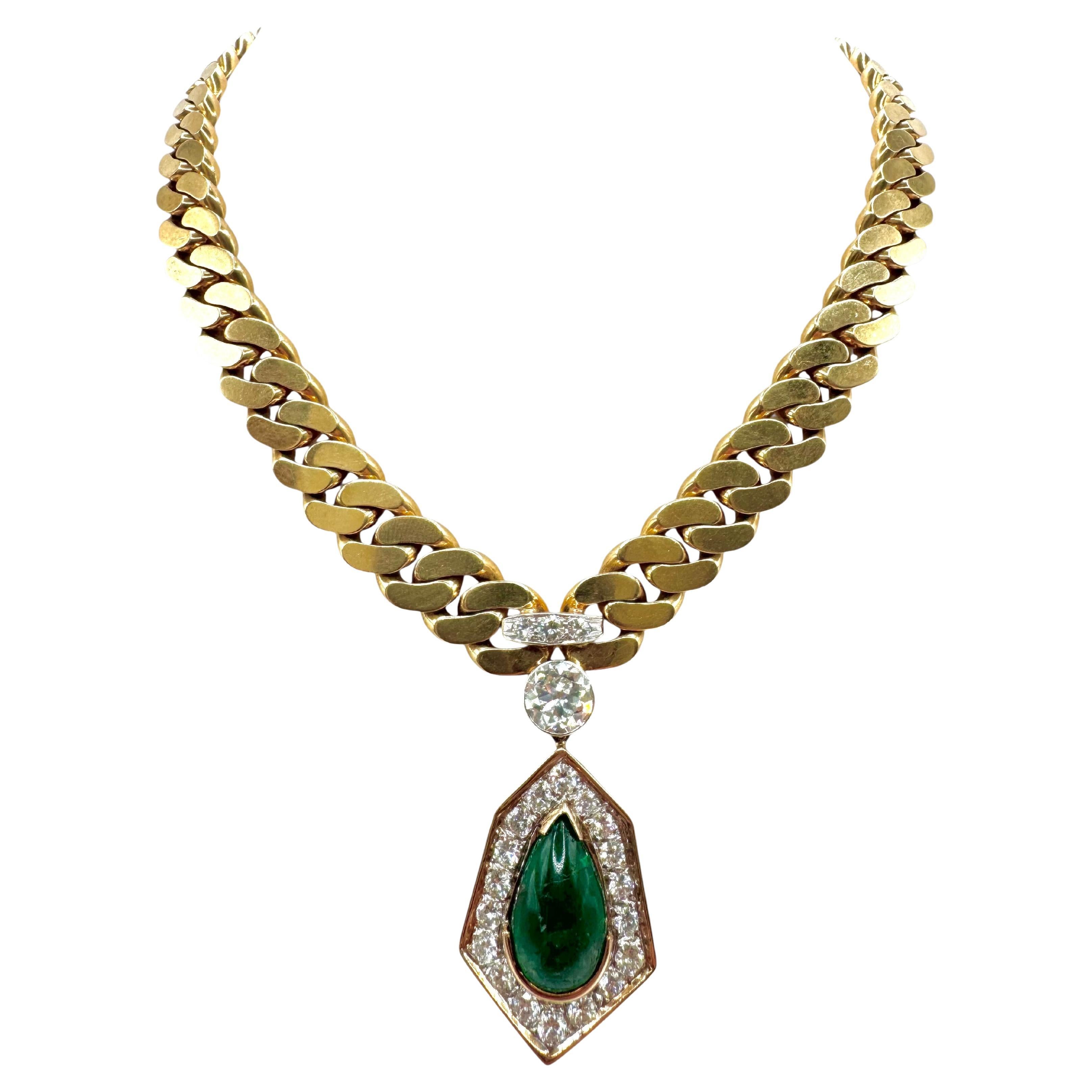 Convertible 18K Yellow Gold Diamond & Emerald Necklace with Detachable Brooch