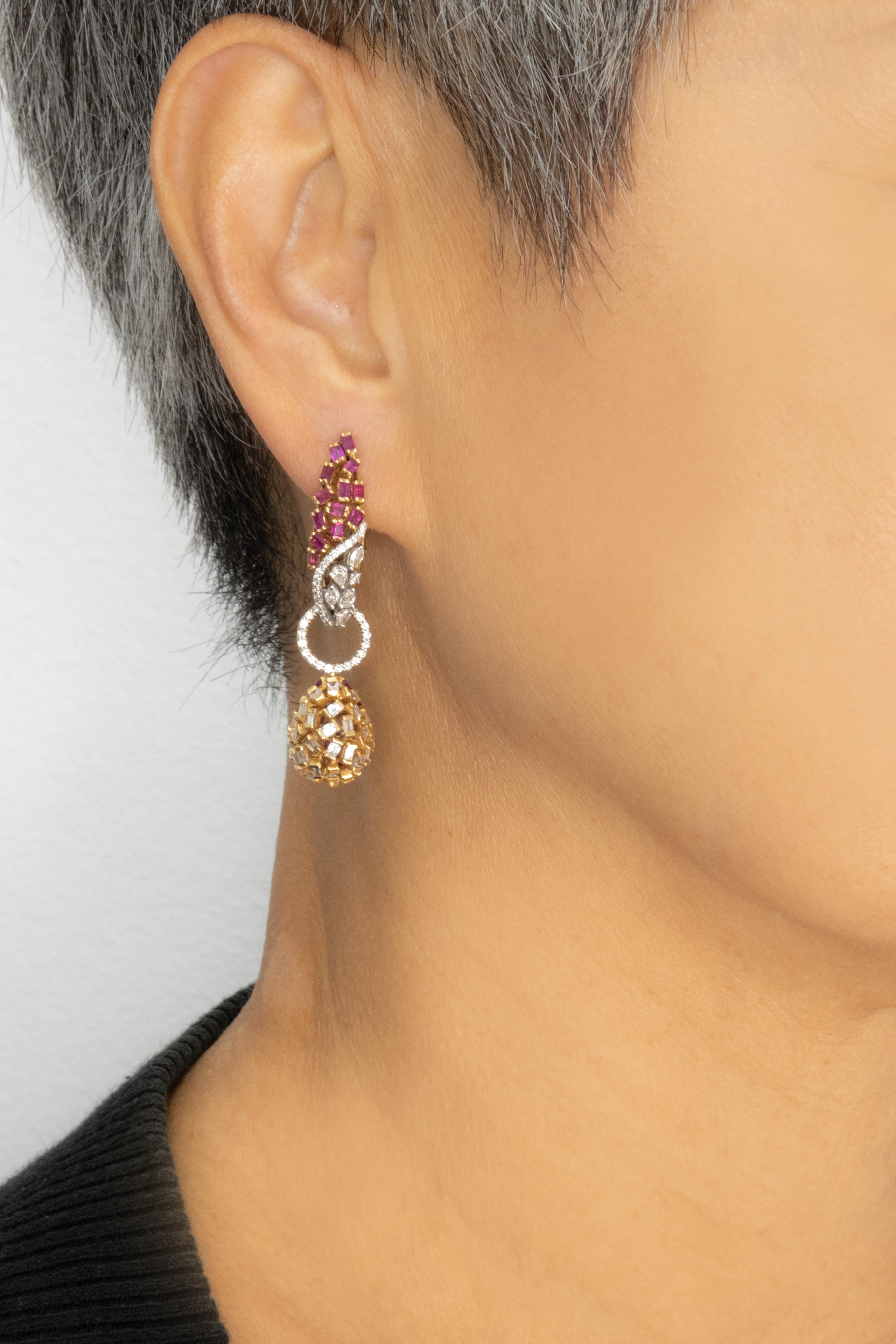 Verwandelbare 18K Gelbgold Rubin- und Diamant-Tropfenohrringe (Moderne) im Angebot