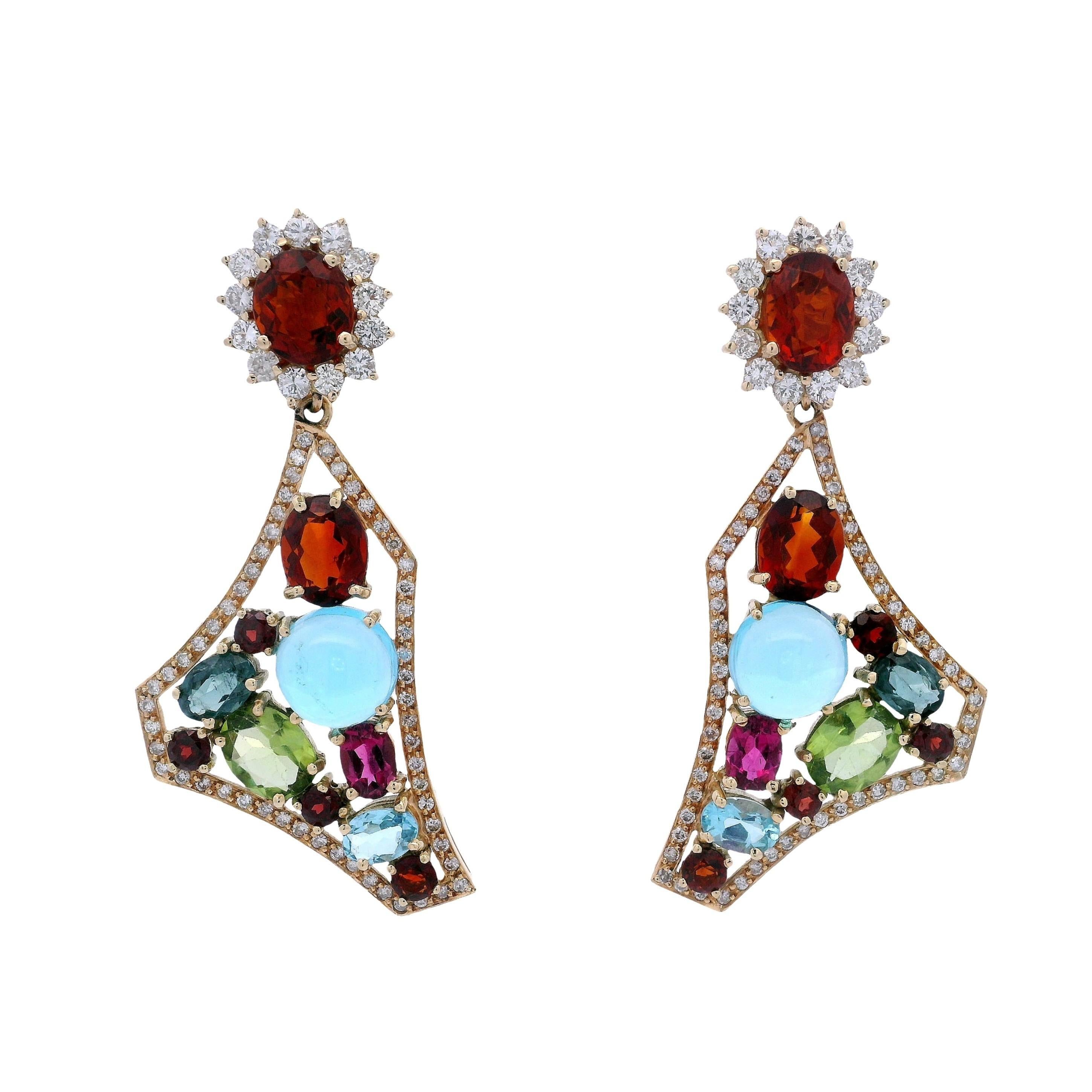 Pendientes convertibles de oro amarillo de 18 quilates con diamantes de imitación y piedras preciosas naturales
