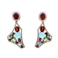 Pendientes convertibles de oro amarillo de 18 quilates con diamantes de imitación y piedras preciosas naturales