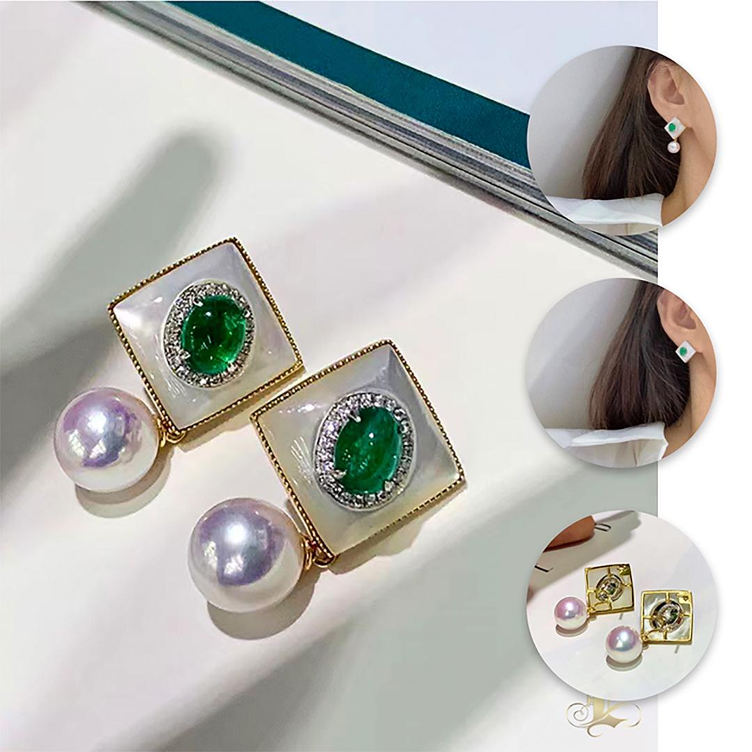 Uncut 【Jādora】Convertible 2-in-1 Empress Aurora Akoya Pearl Emerald Earring For Sale