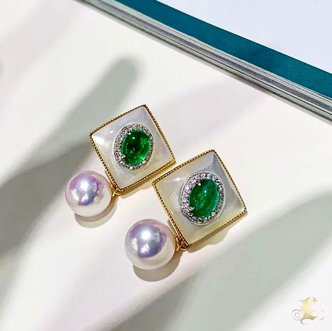 Women's 【Jādora】Convertible 2-in-1 Empress Aurora Akoya Pearl Emerald Earring For Sale
