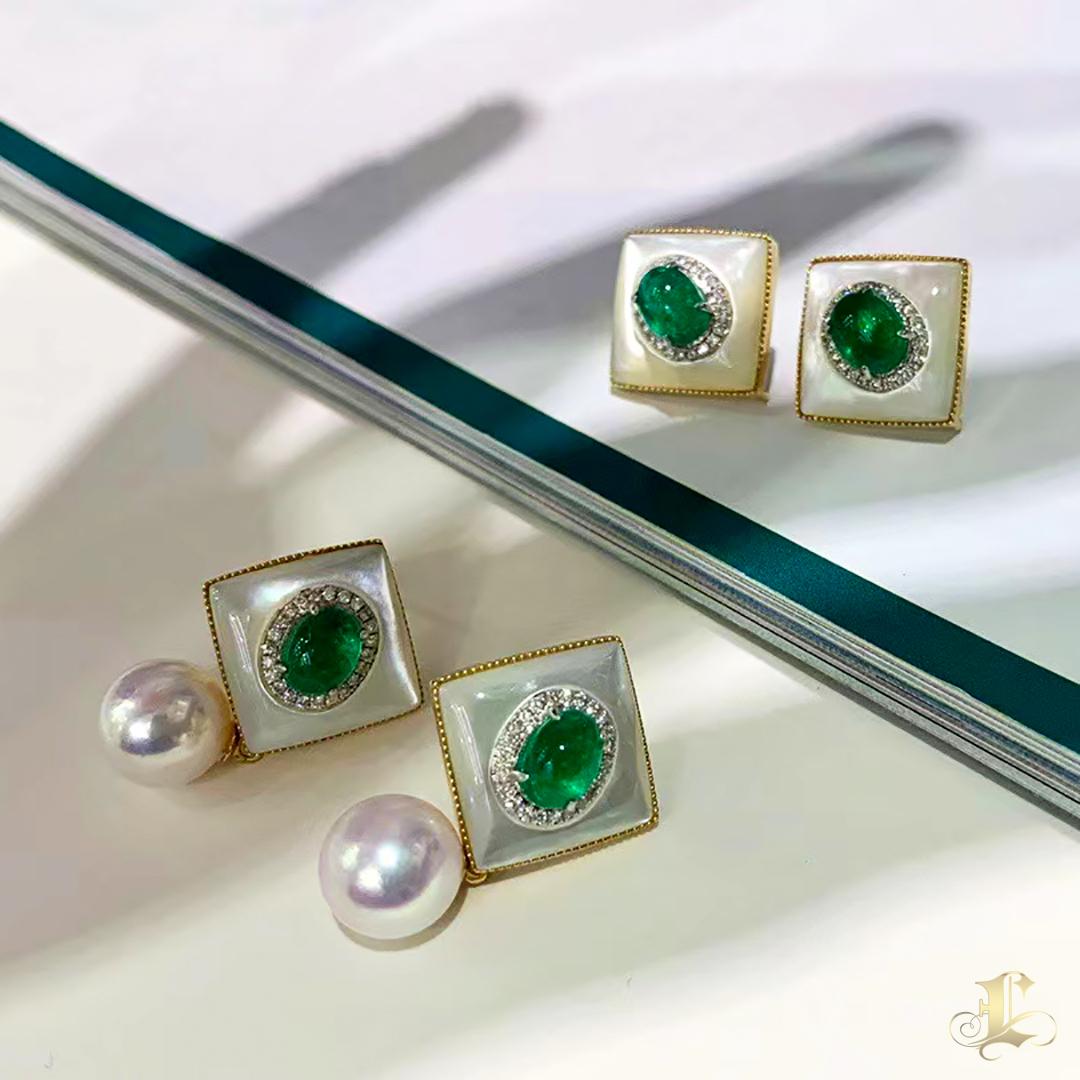 【Jādora】Convertible 2-in-1 Empress Aurora Akoya Pearl Emerald Earring For Sale 1