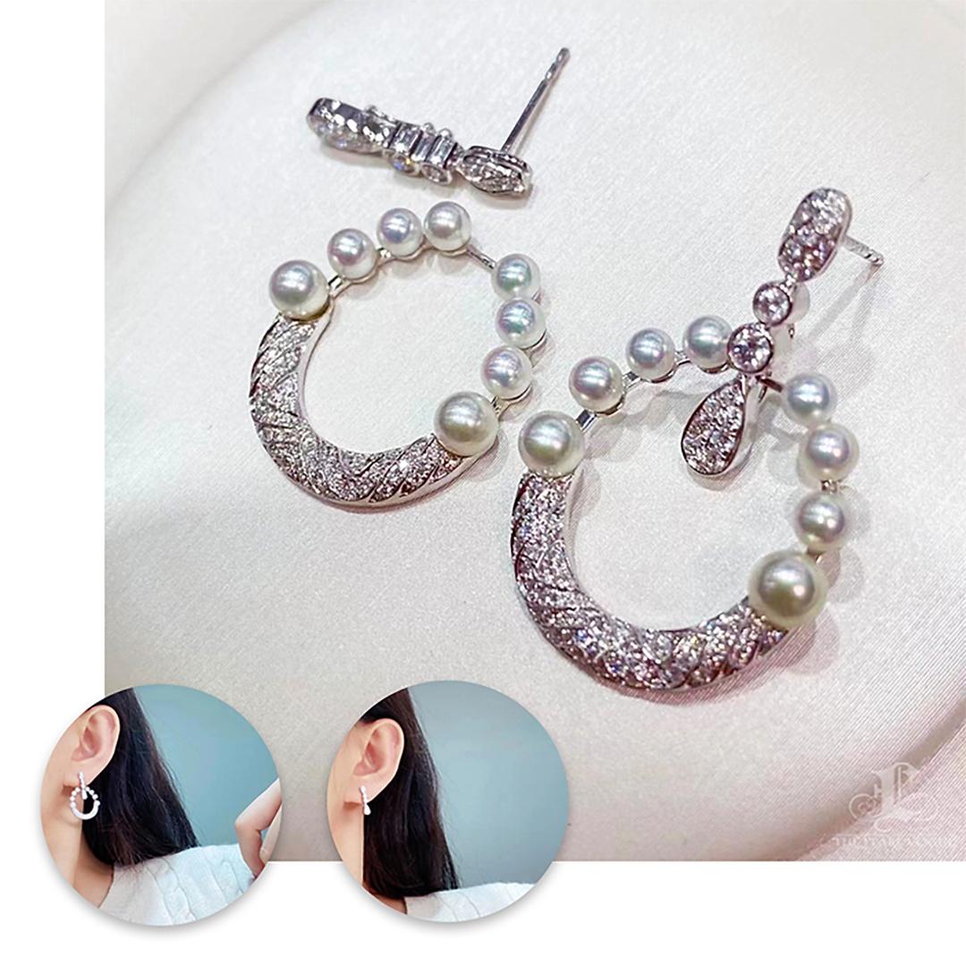 Grezzo Orecchini di diamanti in oro 18 carati con perle Aurora Baby Akoya 2-in-1 in vendita
