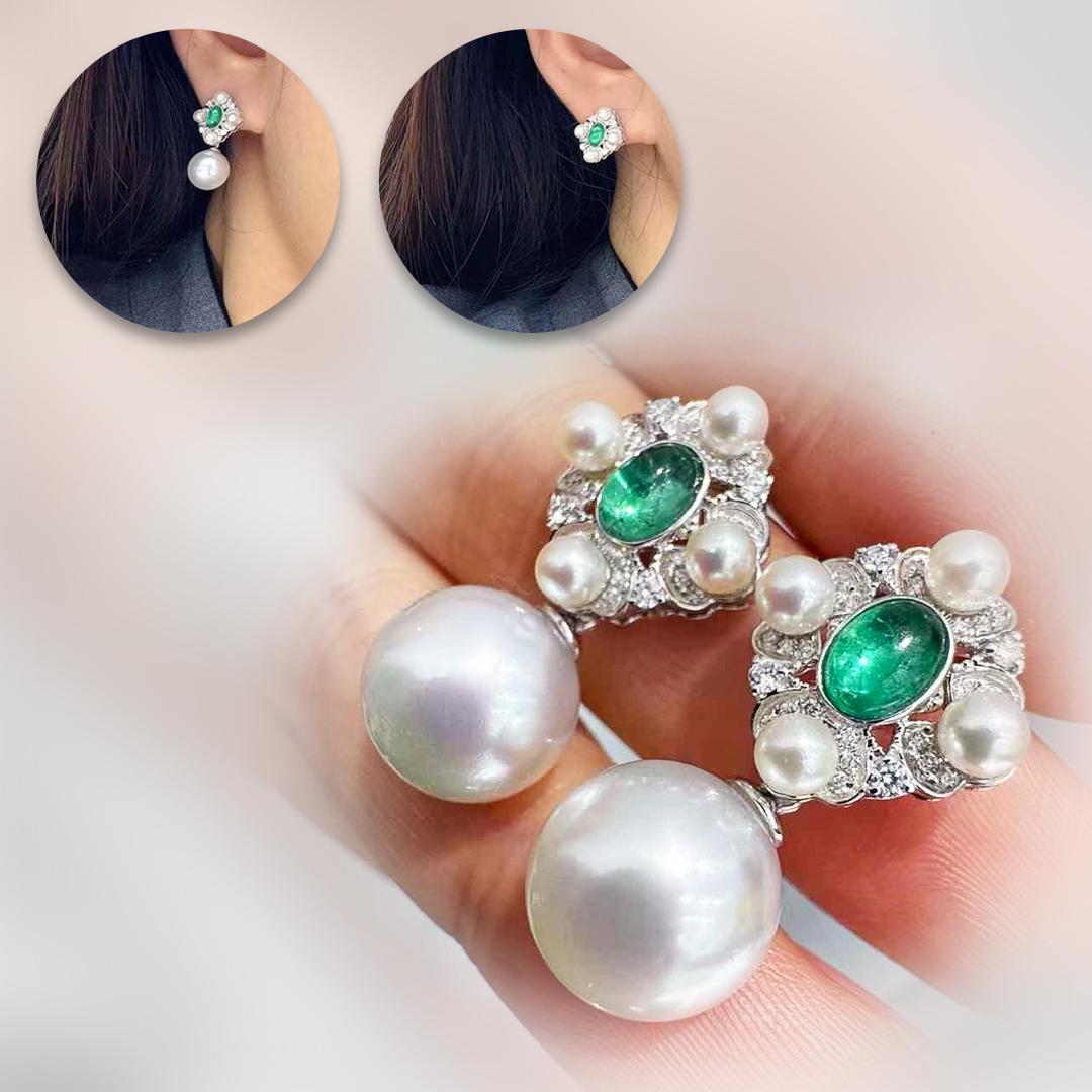Uncut 【Crown Radiance】Revival Aurora South Sea Pearl & Emerald Convertible Earrings For Sale