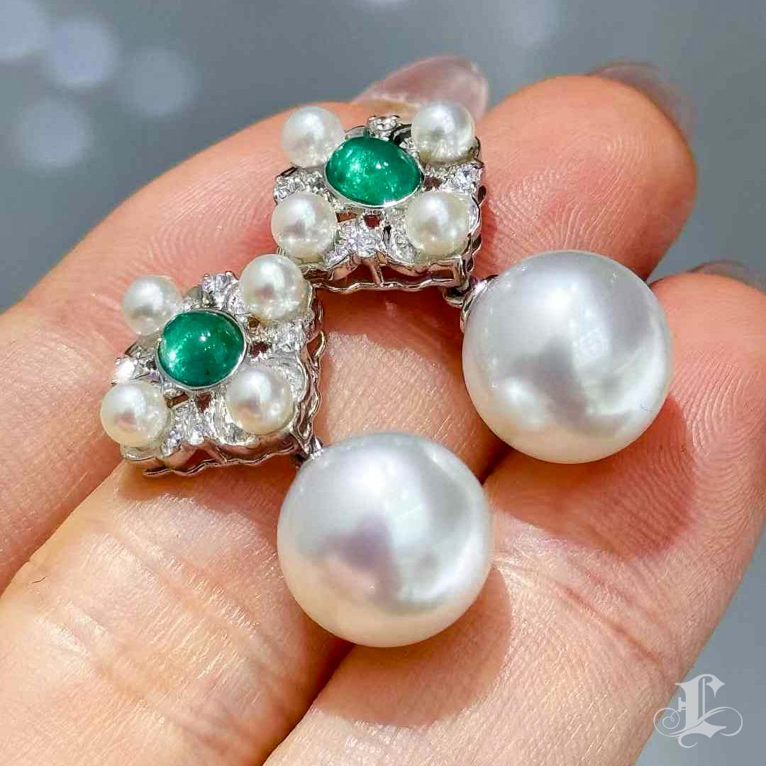 Women's 【Crown Radiance】Revival Aurora South Sea Pearl & Emerald Convertible Earrings For Sale