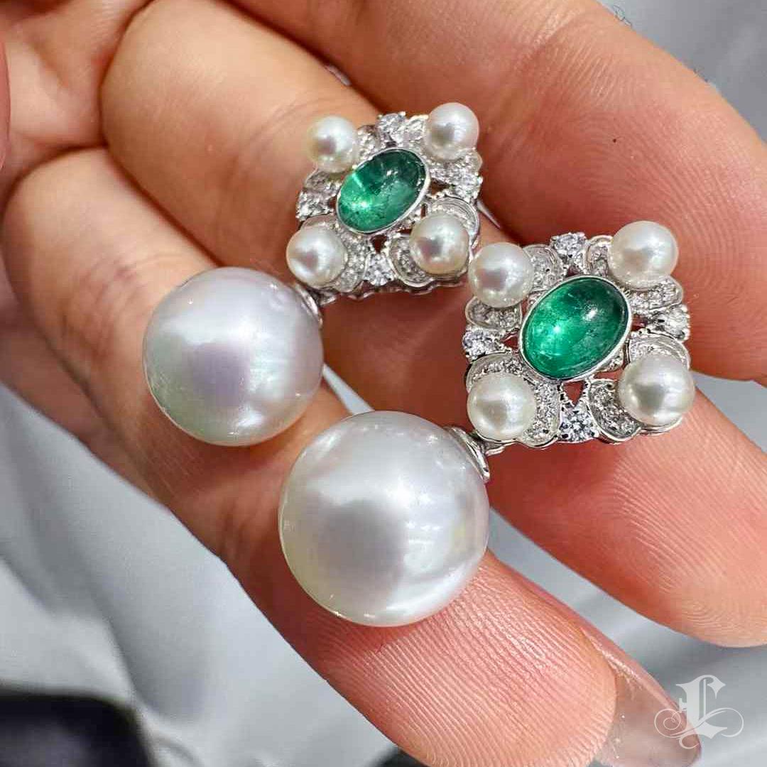 【Crown Radiance】Revival Aurora South Sea Pearl & Emerald Convertible Earrings For Sale 1