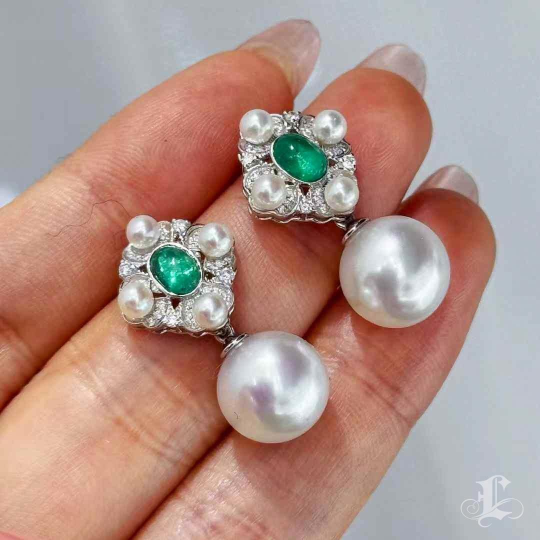 【Crown Radiance】Revival Aurora South Sea Pearl & Emerald Convertible Earrings For Sale 2