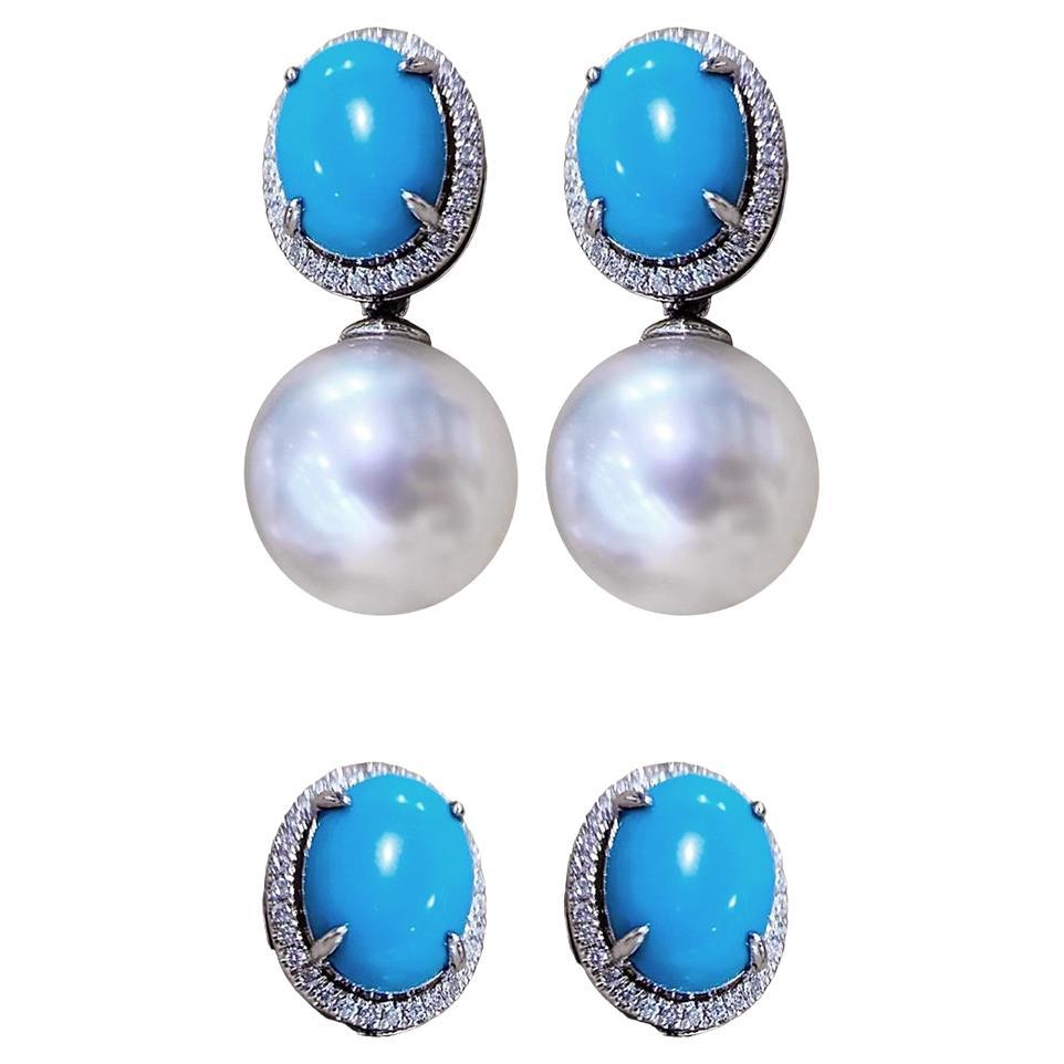 【Caelmare】Halo Oval Convertible Turquoise & Pearl Earrings