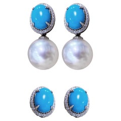 【Caelmare】Halo Oval Convertible Turquoise & Pearl Earrings
