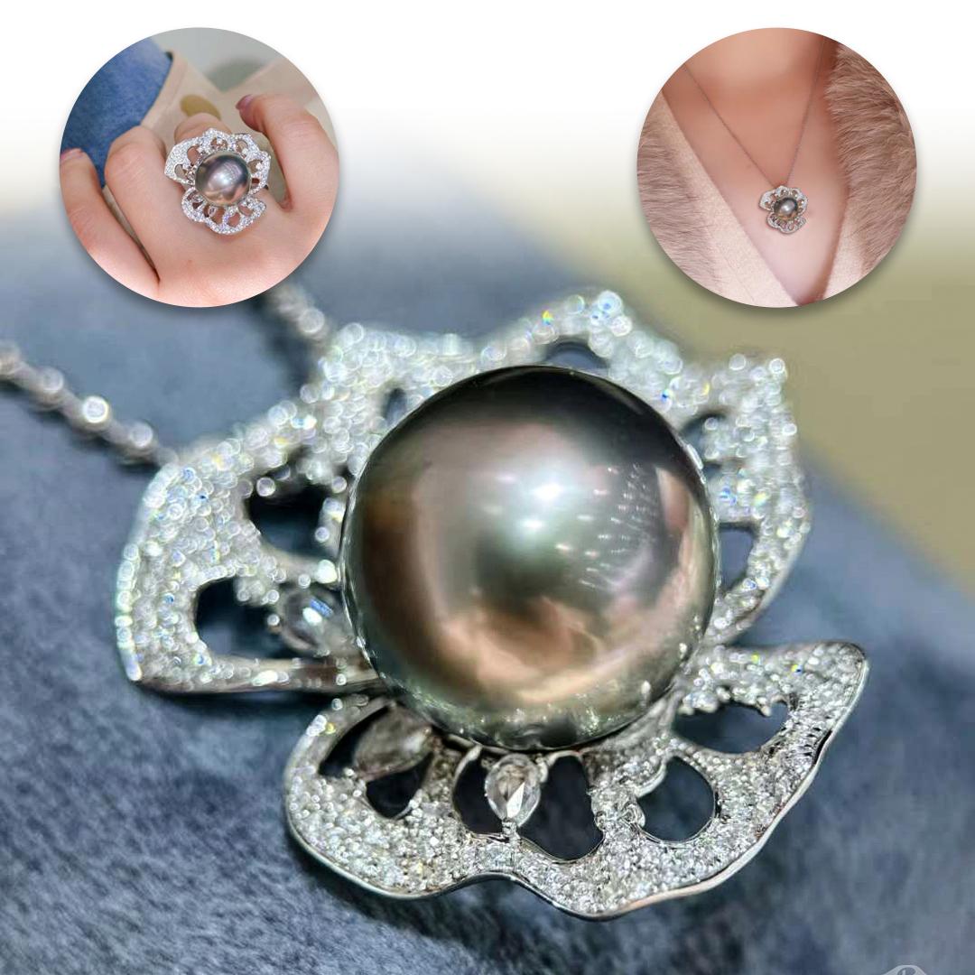 Grezzo 【Sinfonia della vite】 Spilla con ciondolo con perle di Tahiti e diamanti convertibile in pizzo a petali in vendita